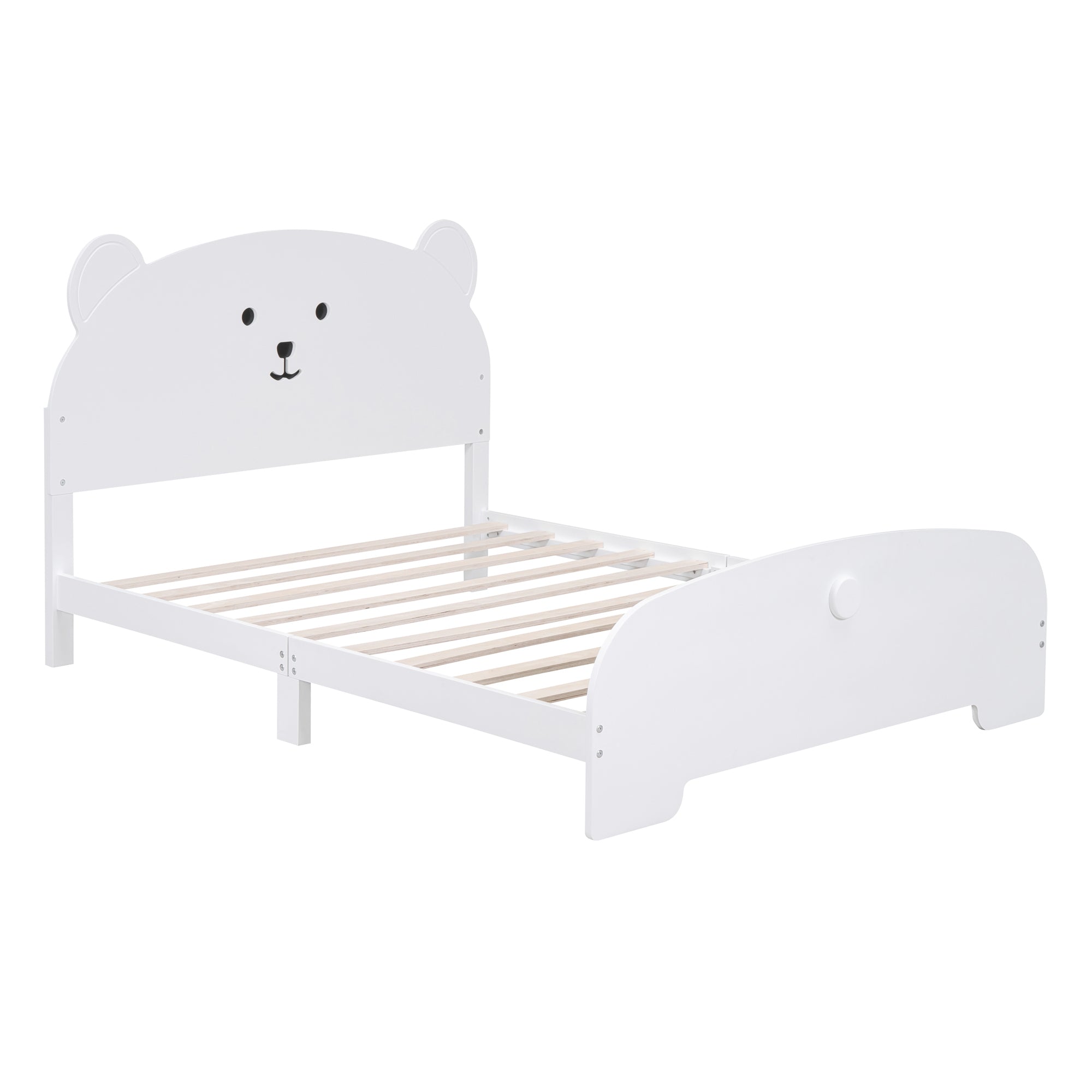 Full Size Wood Platform Bed with Bear-shaped Headboard and Footboard,White