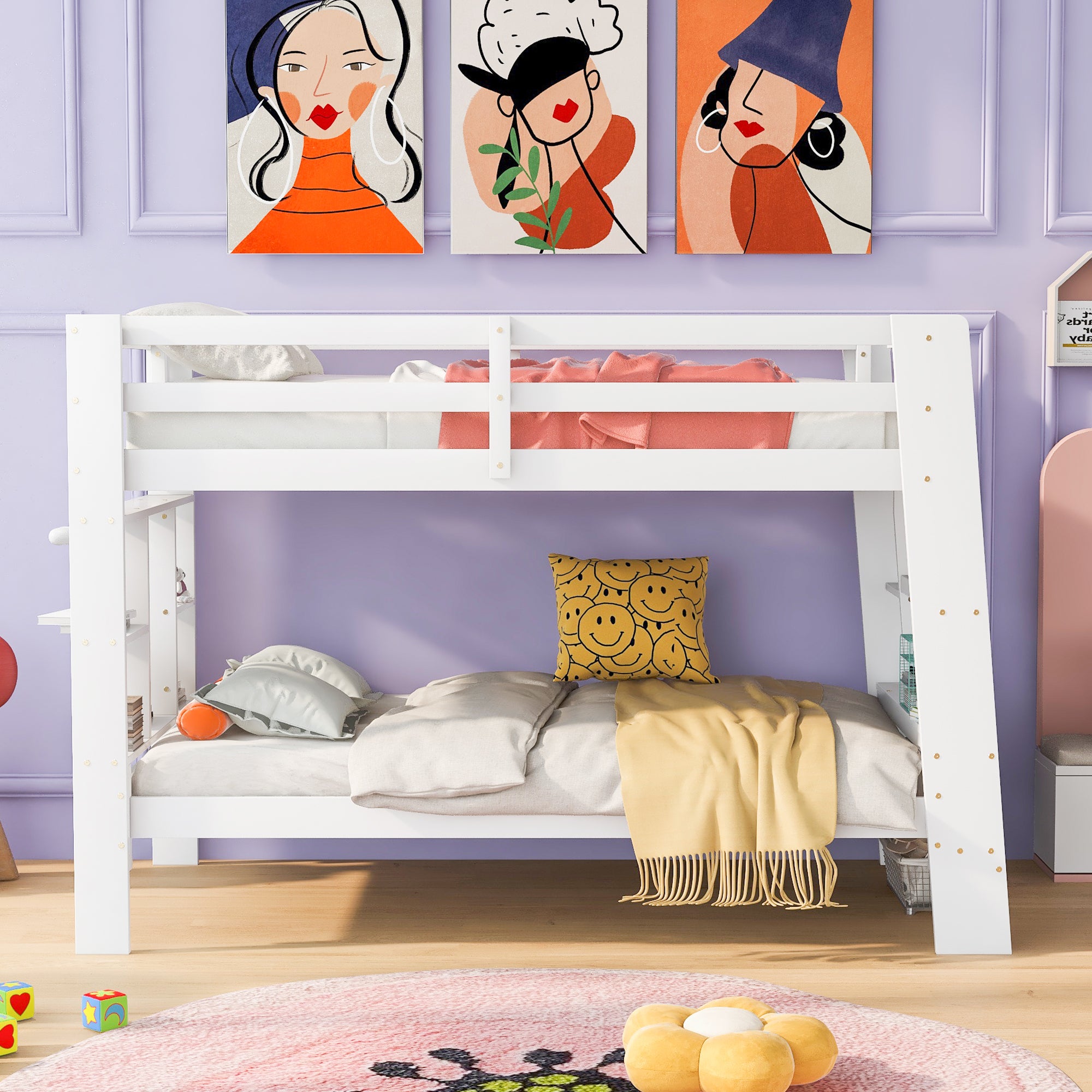 Twin over Twin Bunk Bed with Shelves and Built-in Ladder, White