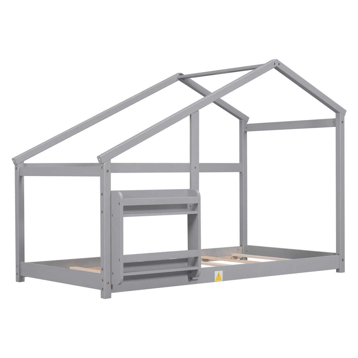 Twin Size Wooden House Bed, Twin Floor Wooden Bed with Shelf, No Box Spring Needed, Gray Color, Twin bed