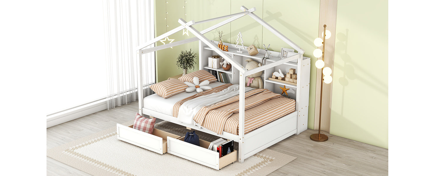 Full Size House Bed with Storage Shelves and 2 Drawers, Brushed White