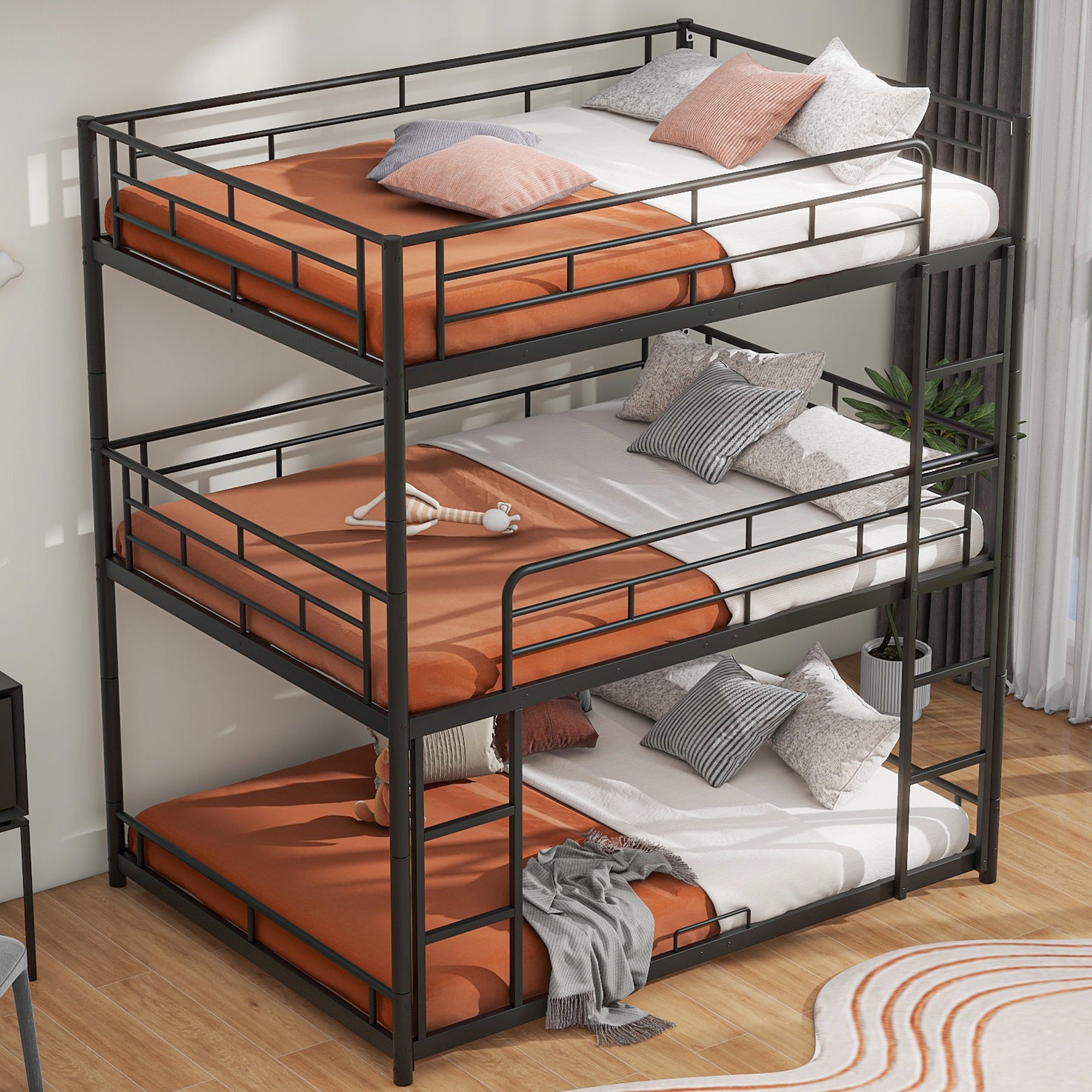 Metal Full Size Triple Bunk Bed, Black