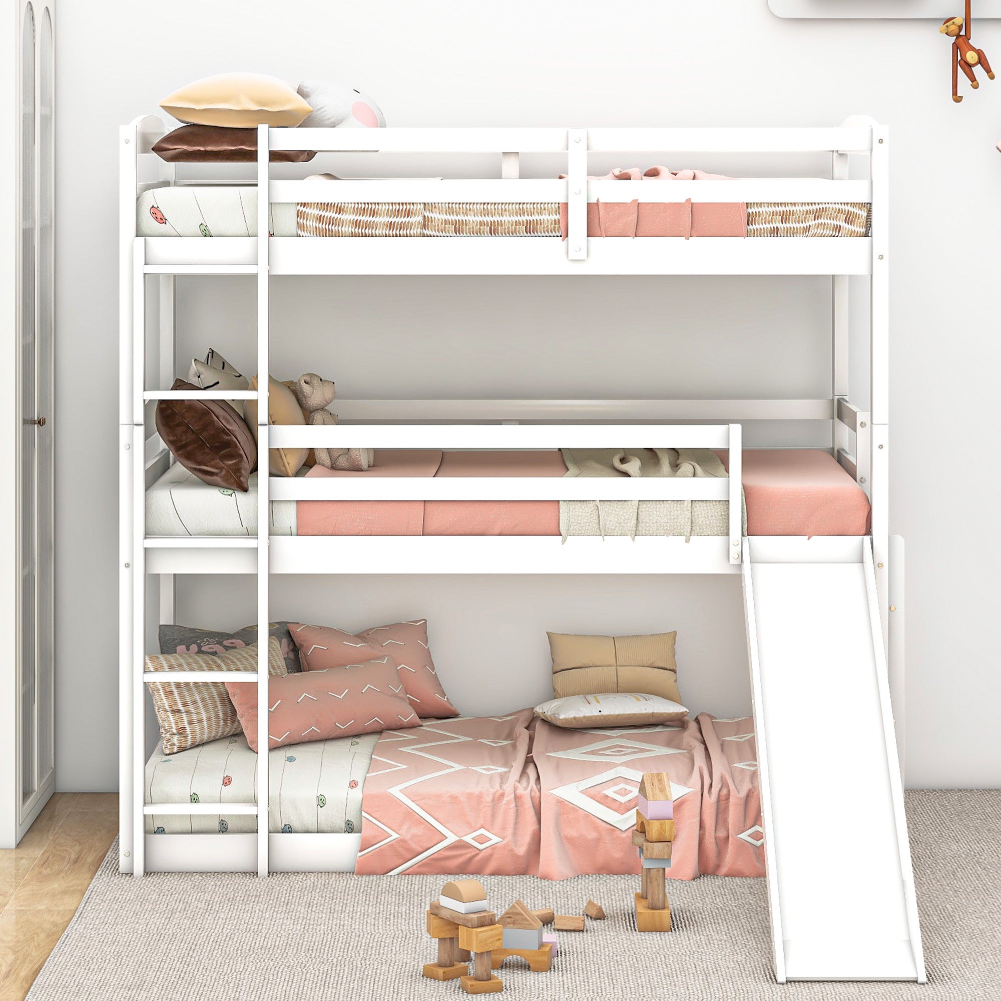 Twin over Twin over Twin Adjustable Triple Bunk Bed with Ladder and Slide, White (OLD SKU:SM000508AAK-1)