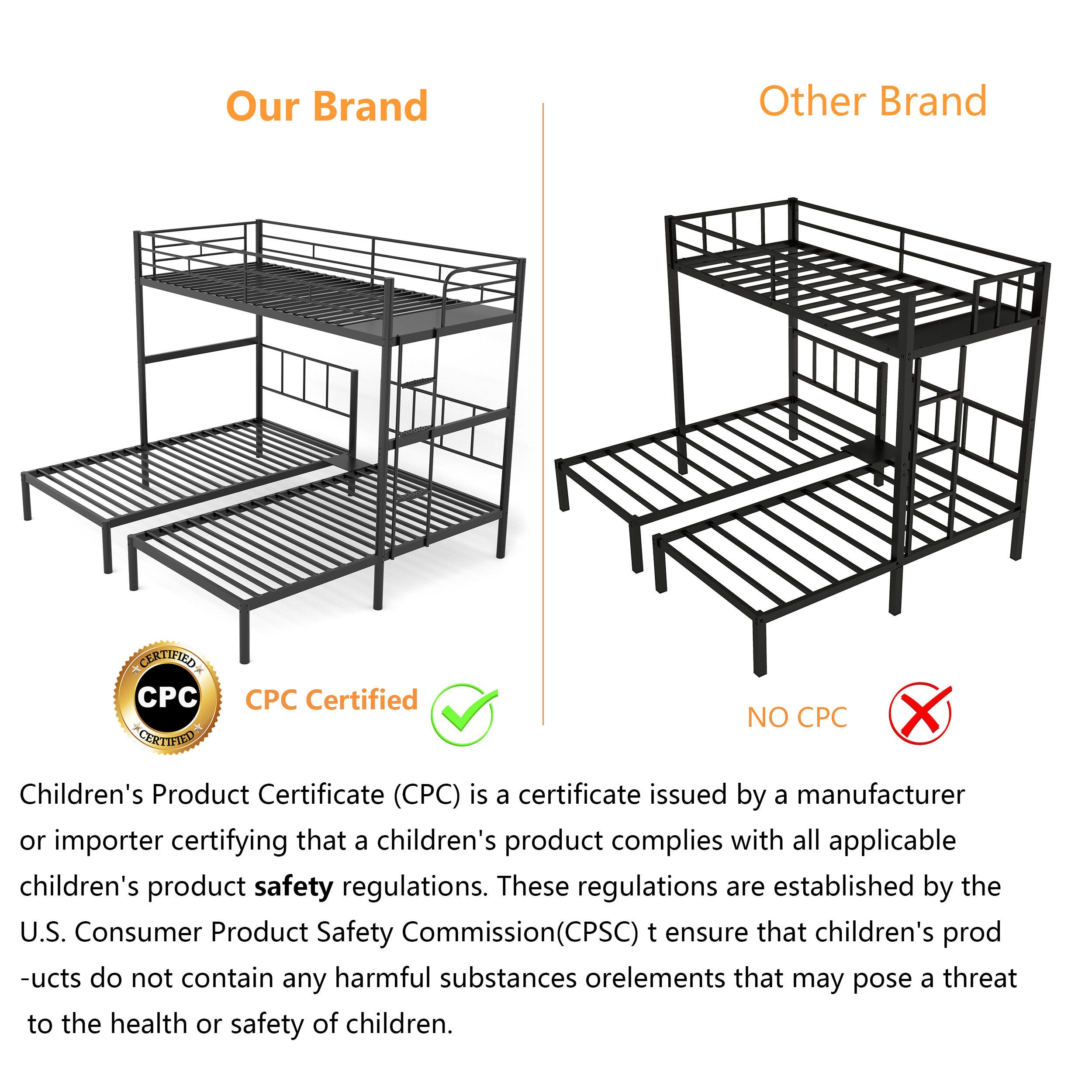Metal Twin over Twin&Twin Triple Bed for Kids,Comfortable Rungs,CPC Certified,No Box Spring Needed,Heavy Duty,Easy to Assemble