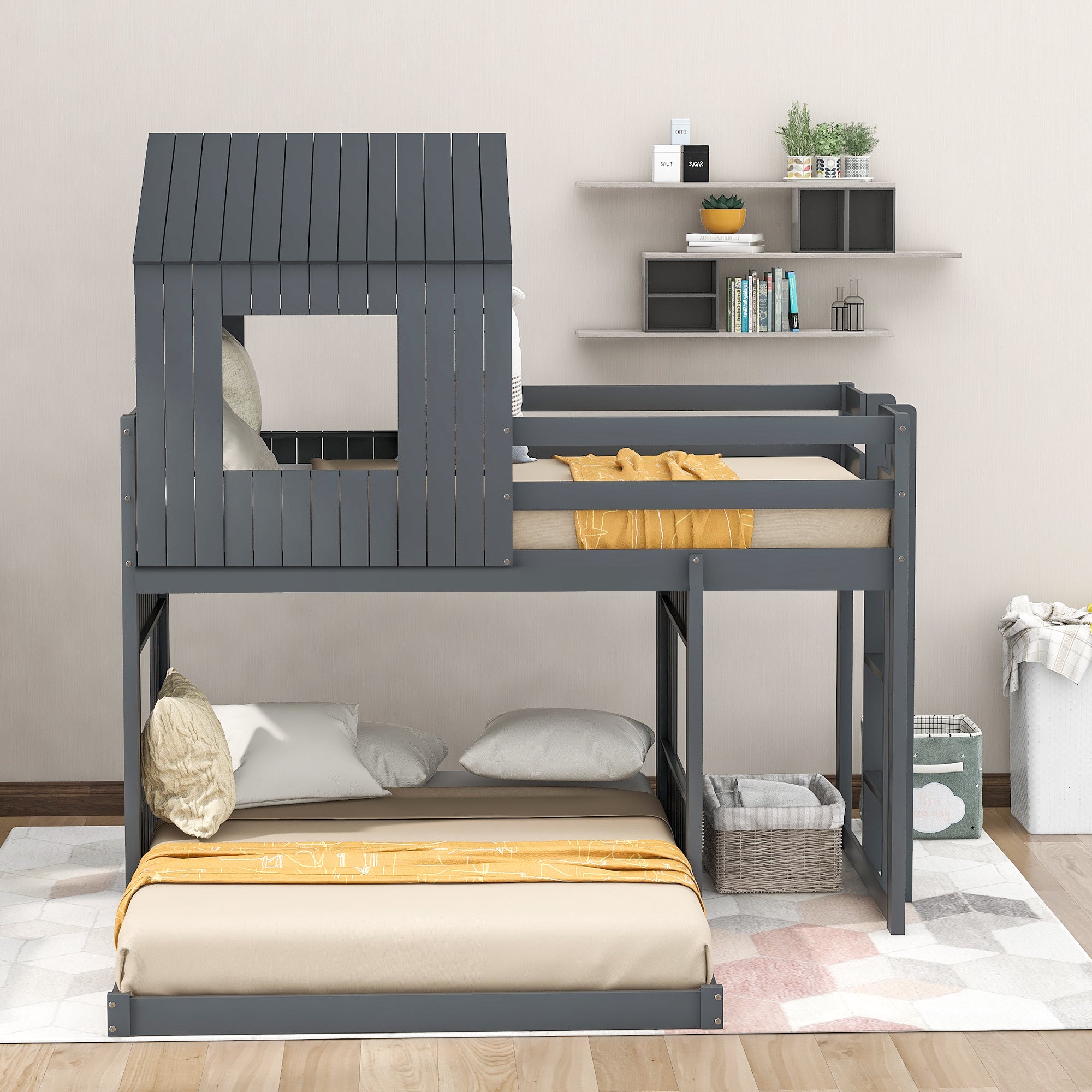 Wooden Twin Over Full Bunk Bed, Loft Bed with Playhouse, Farmhouse, Ladder and Guardrails , Gray( old sku: LT000027AAN )