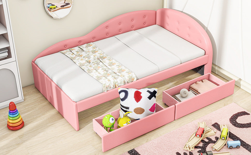 Twin Size PU Upholstered Tufted Daybed with Two Drawers and Cloud Shaped Guardrail, Pink