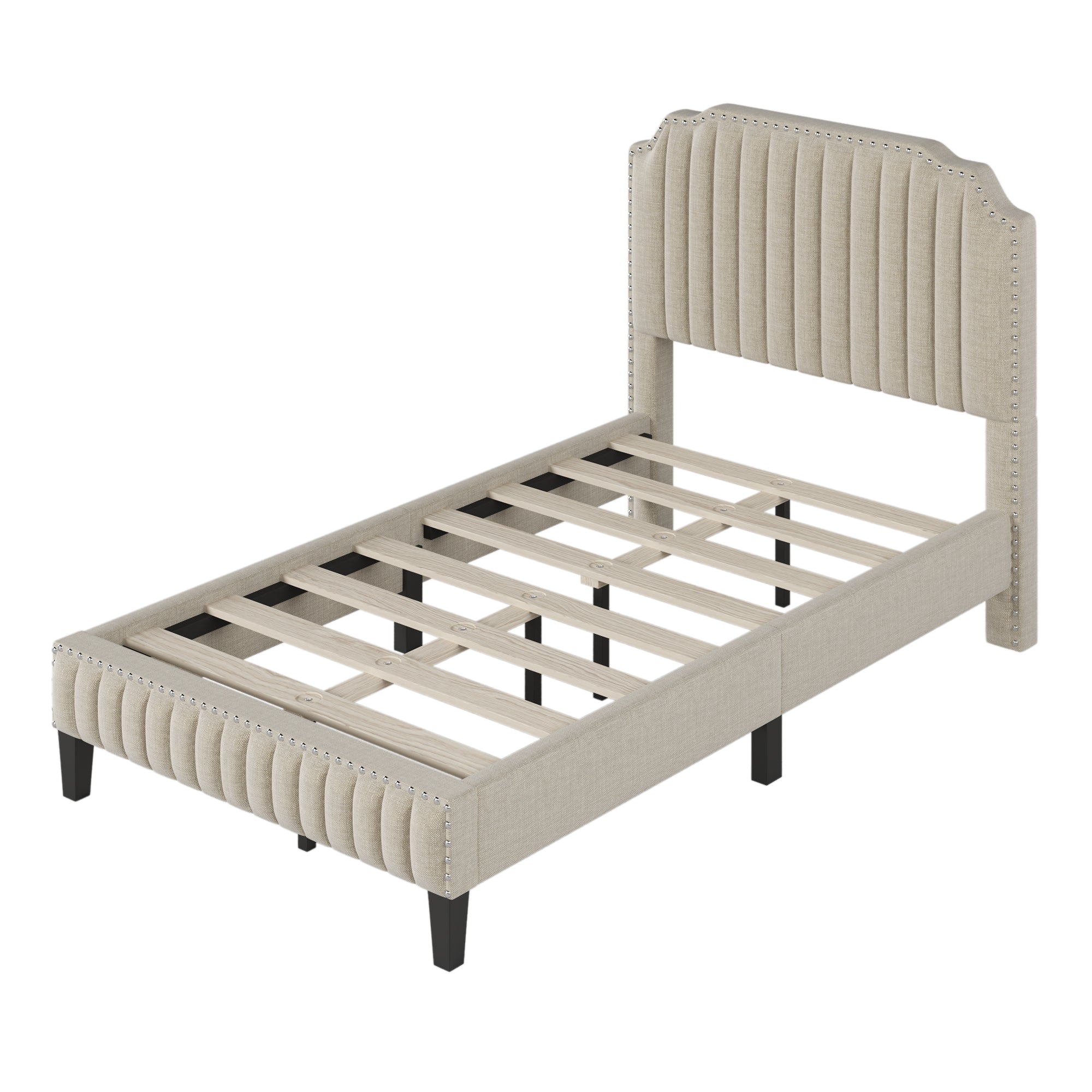 3 Pieces Bedroom Set Modern Linen Curved Upholstered Beige Platform Full Bed with Two Black Cherry Nightstands