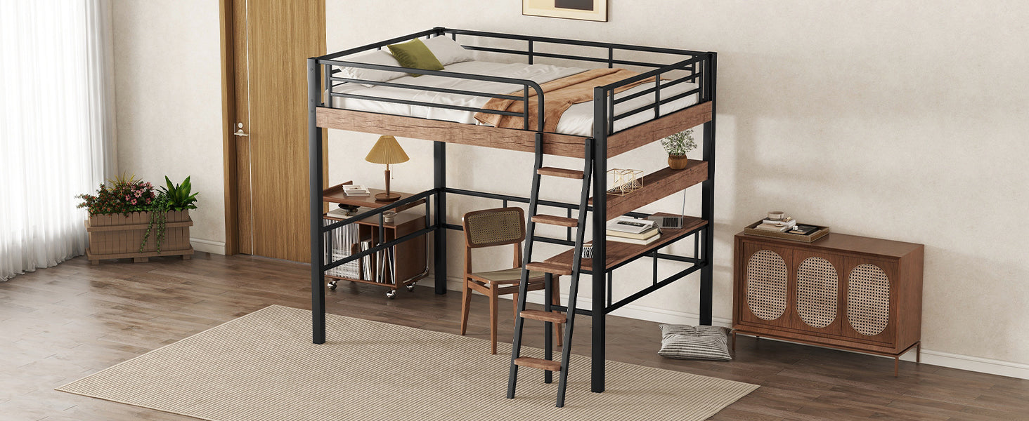 Metal Full Size Loft Bed with Built-in Desk, Storage Shelf and Ladder, Black