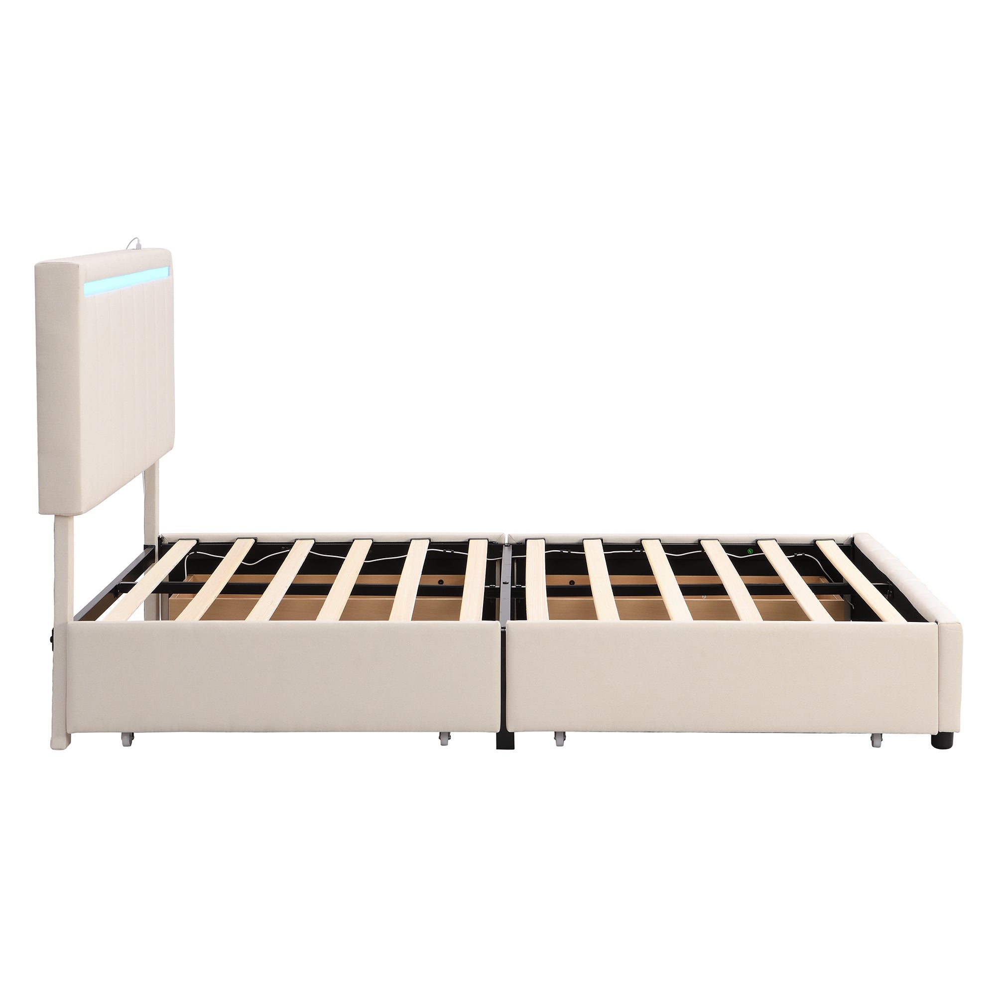Full Size Upholstered Bed with LED Light and 4 Drawers, Modern Platform Bed with a set of Sockets and USB Ports, Linen Fabric, Beige