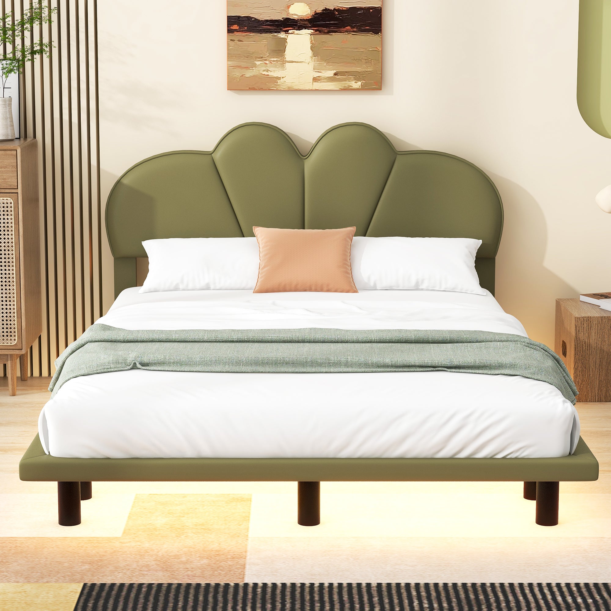Queen Size Upholstery Platform Bed with PU Leather Headboard and Support Legs,Underbed LED Light,Green