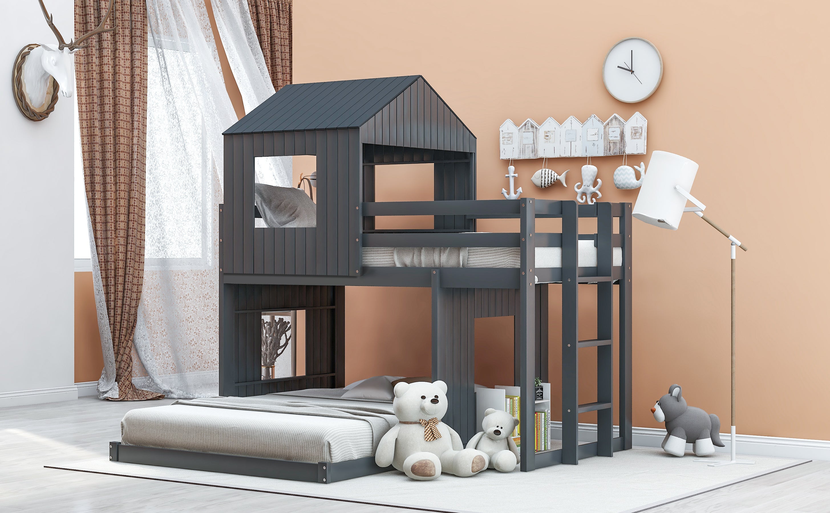 Wooden Twin Over Full Bunk Bed, Loft Bed with Playhouse, Farmhouse, Ladder and Guardrails , Gray( old sku: LT000027AAN )