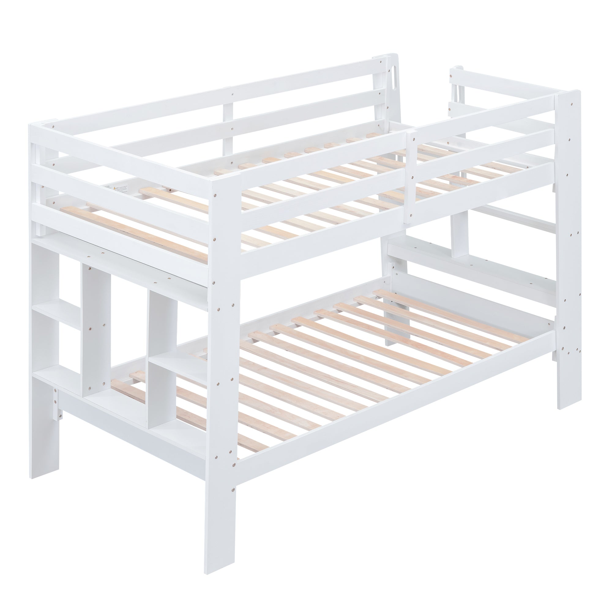 Twin over Twin Bunk Bed with Shelves and Built-in Ladder, White