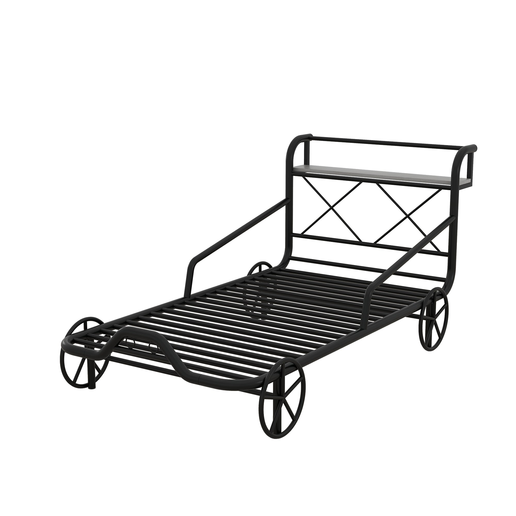 Twin Size Metal Car Bed with Four Wheels, Guardrails and X-Shaped Frame Shelf, Black(Old SKU: MF297599AAB)