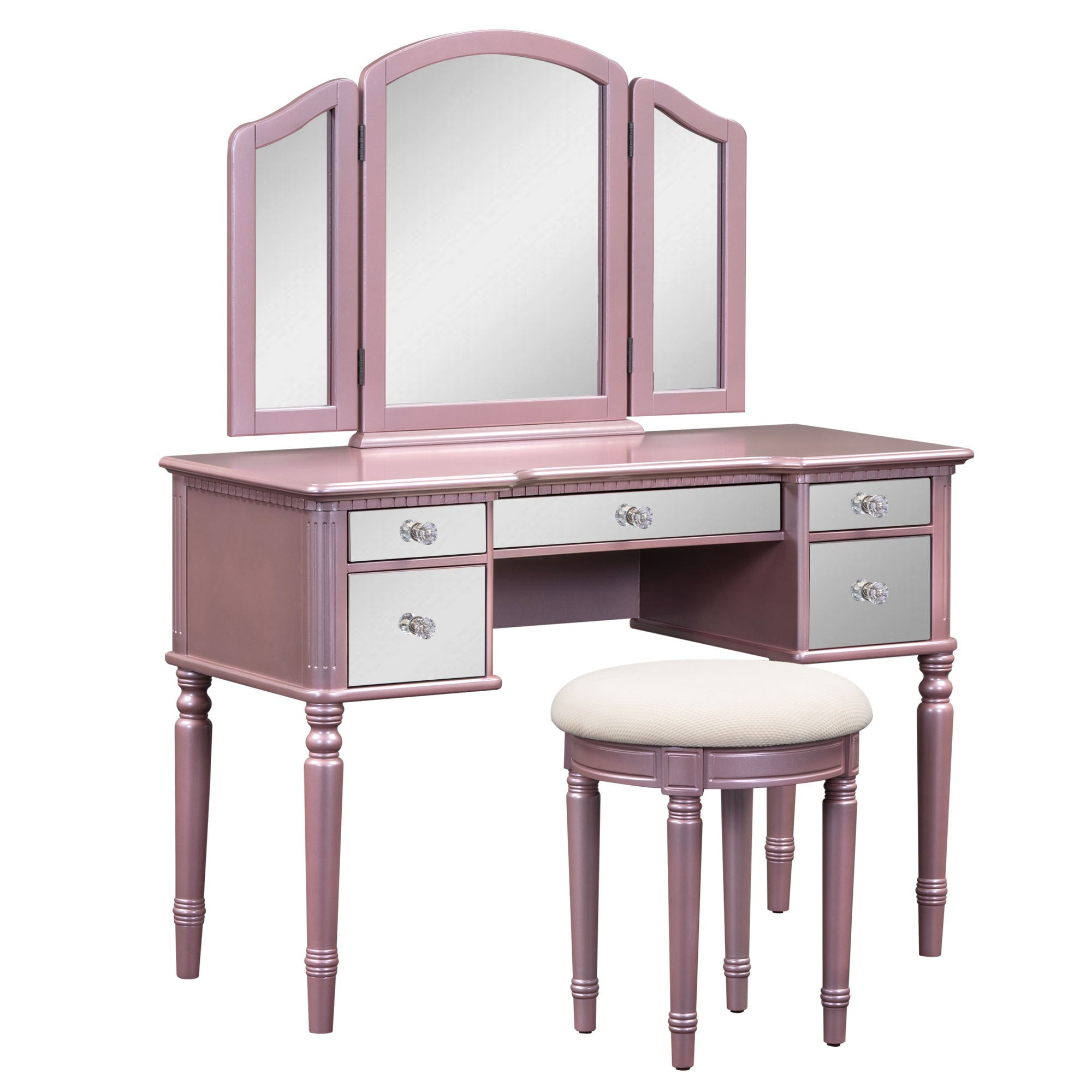 43" Dressing Table Set with Mirrored Drawers and Stool, Tri-fold Mirror, Makeup Vanity Set for Bedroom, Rose Gold