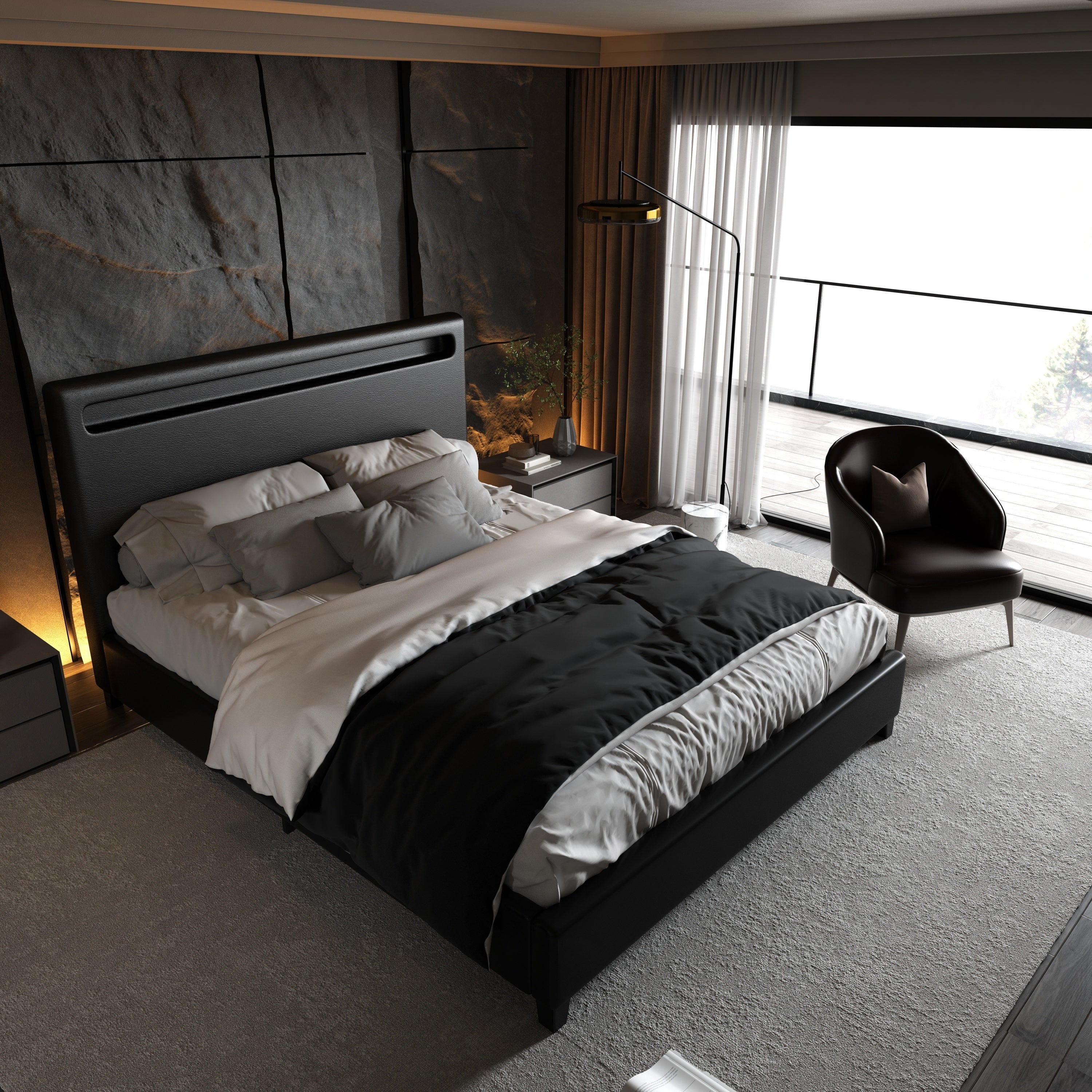 Queen Size Faux Leather Upholstered Platform Bed Frame with LED lighting, Wood Slat Support, No Box Spring Needed, Black