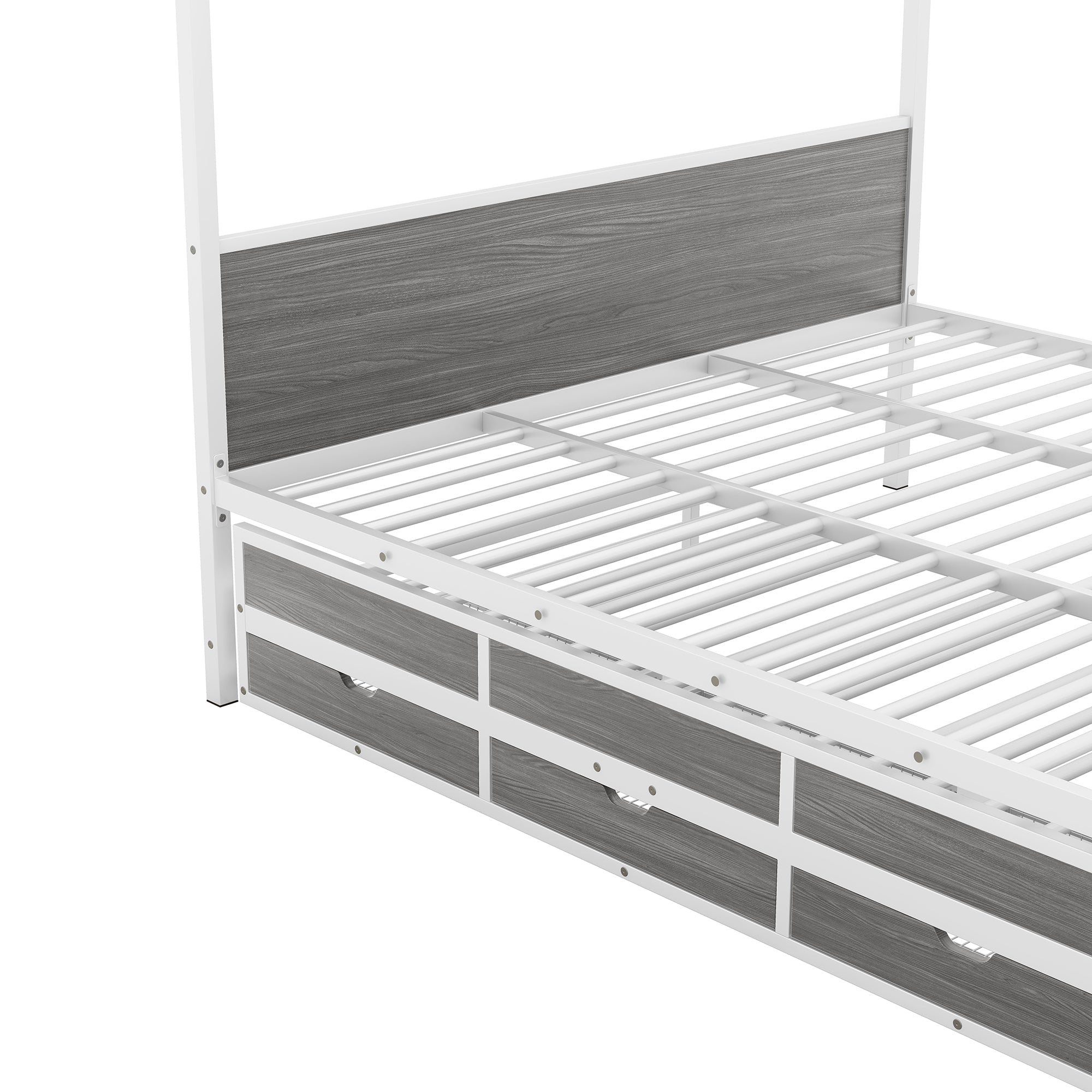 Queen Size Metal Canopy Platform Bed with Twin Size Trundle and 3 Storage Drawers, White