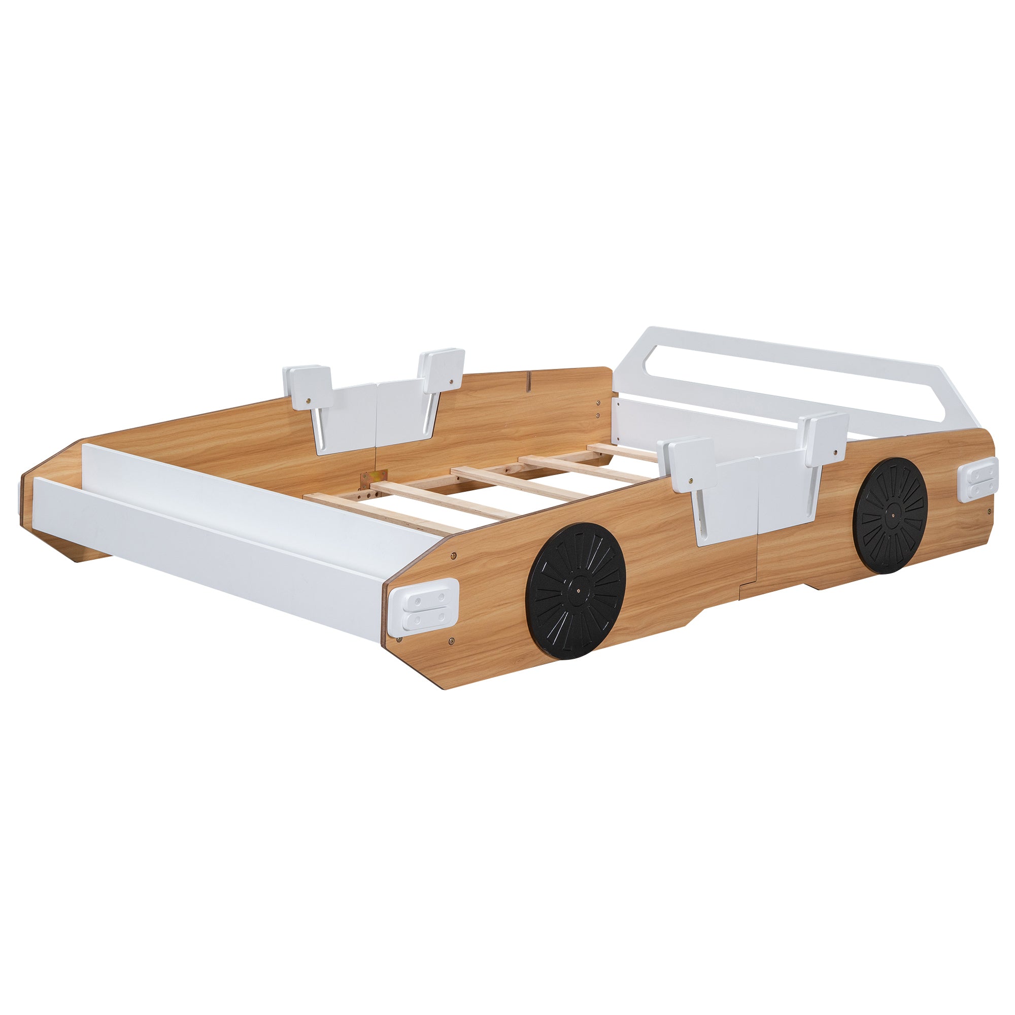 Wood Full Size Racing Car Bed with Door Design and Storage, Natural+White+Black