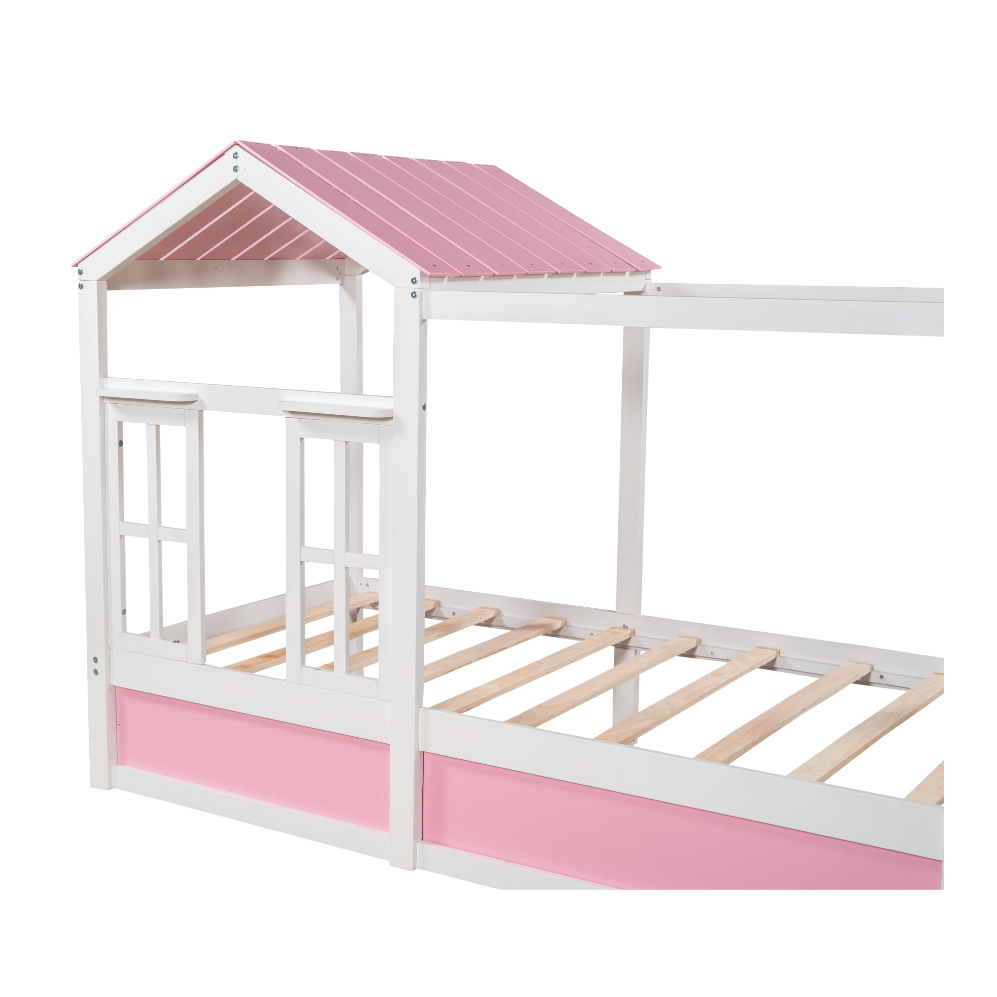 Twin Size House Bed with Roof, Window and Drawer - Pink + White