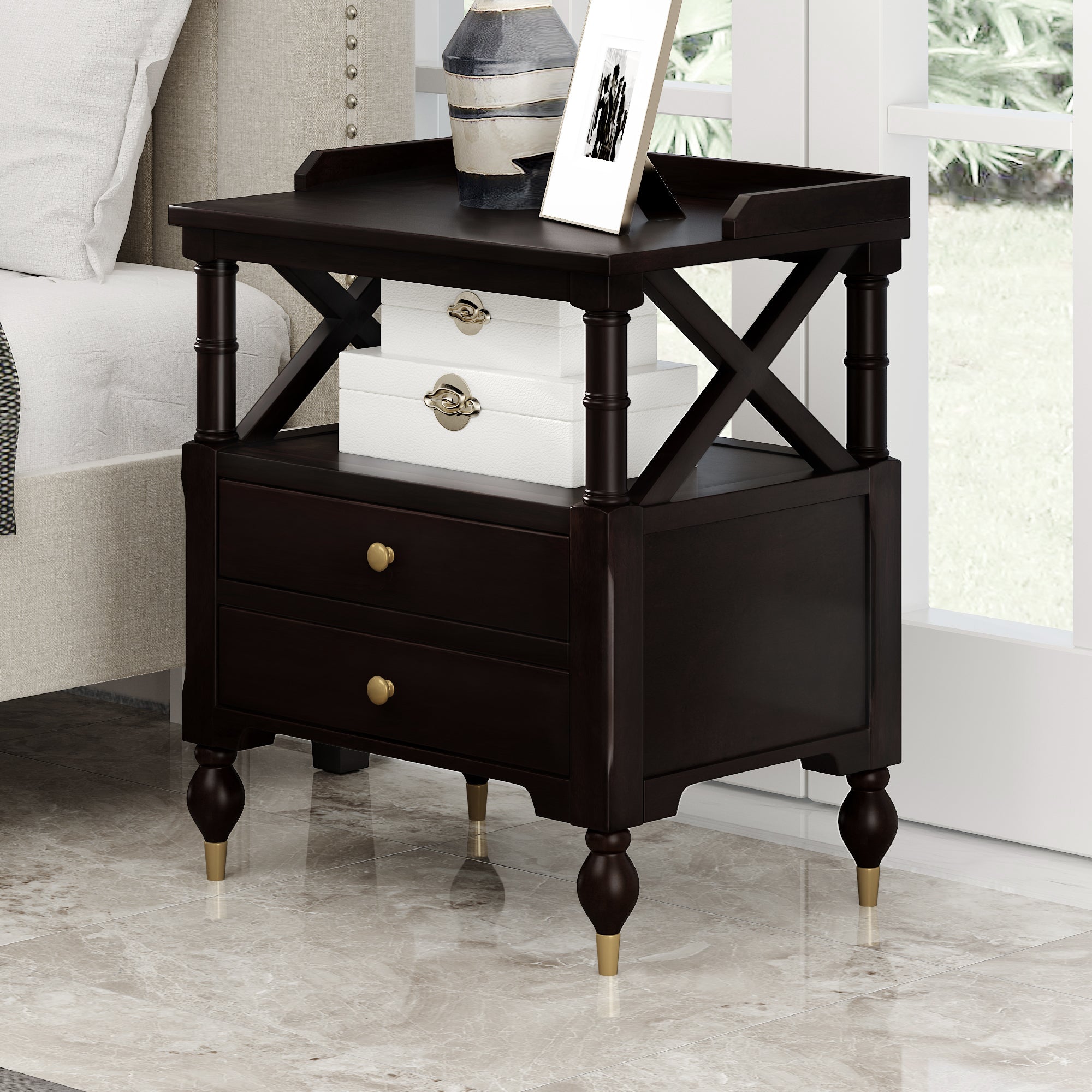3 Pieces Bedroom Set Modern Linen Curved Upholstered Beige Platform Full Bed with Two Black Cherry Nightstands