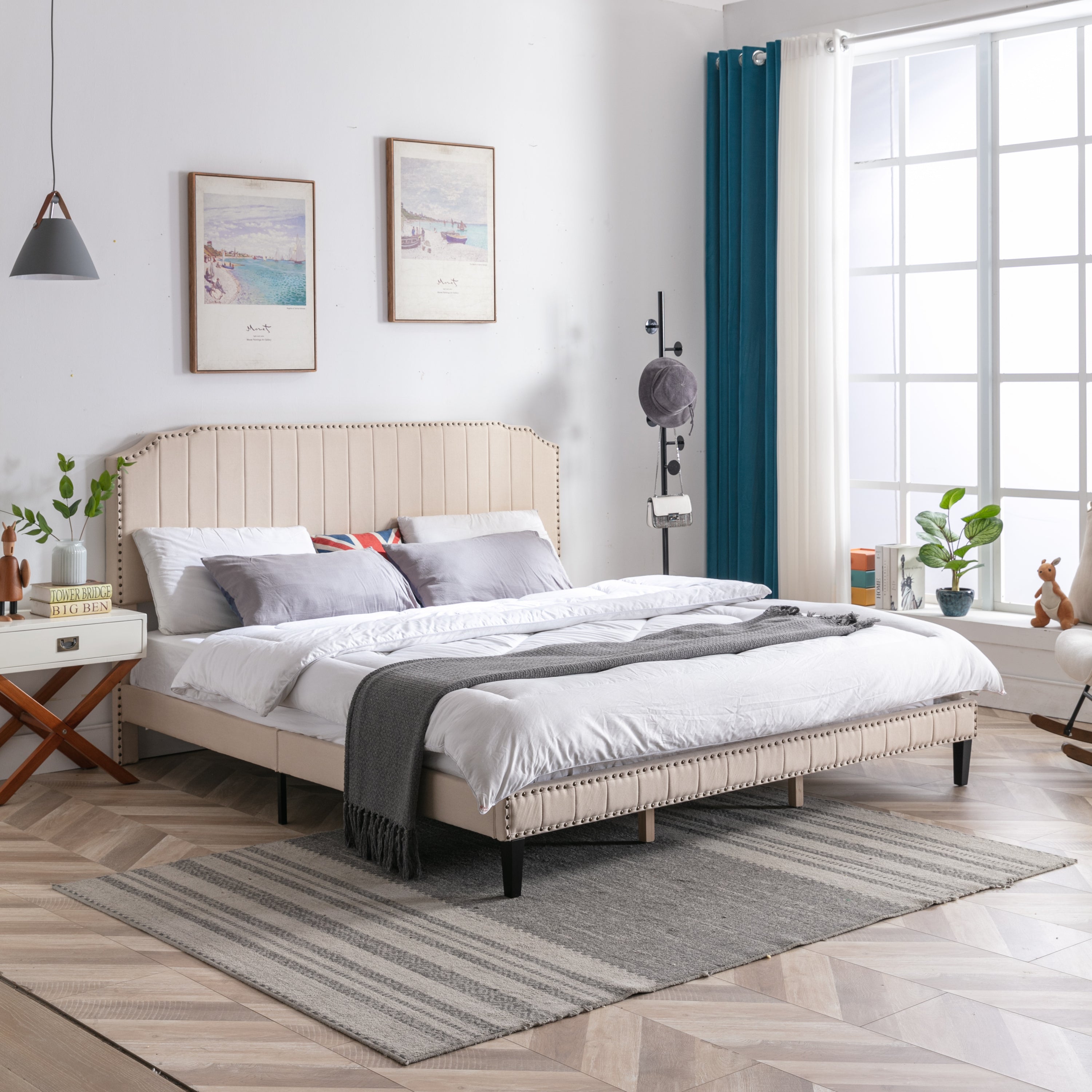DongHeng King Size Bed with Headboard,Modern Linen Curved Upholstered Platform Bed,Solid Wood Frame,Nailhead Trim,Beige