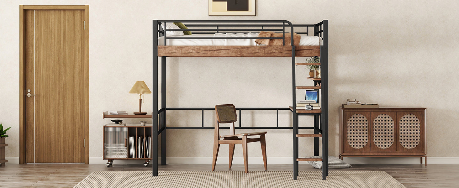 Metal Full Size Loft Bed with Built-in Desk, Storage Shelf and Ladder, Black