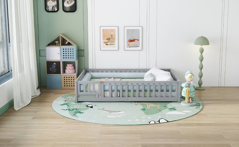 Queen Size Bed Floor Bed with Safety Guardrails and Door for Kids, Gray (Expect Arrival Date Nov.2nd)