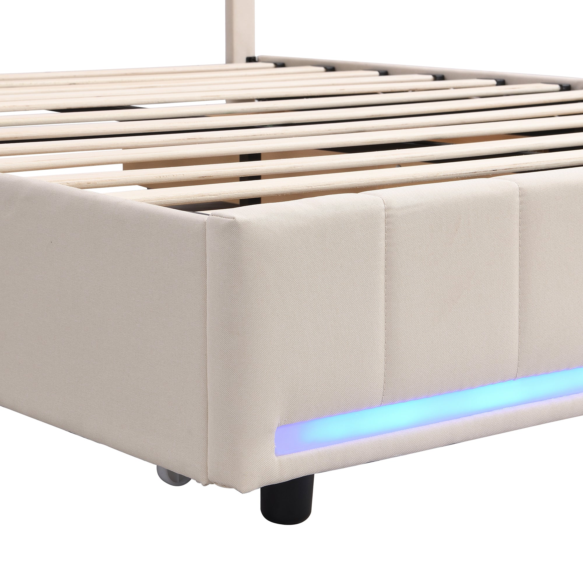 Queen Size Upholstered Bed with LED Light and 4 Drawers, Modern Platform Bed with a set of Sockets and USB Ports, Linen Fabric, Beige