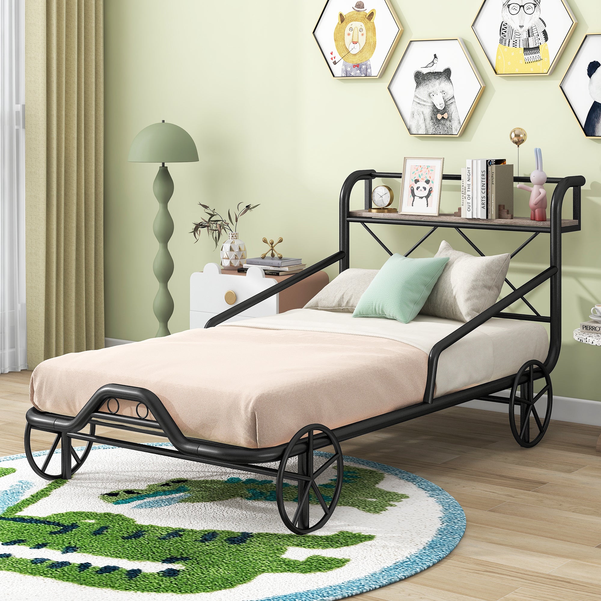 Twin Size Metal Car Bed with Four Wheels, Guardrails and X-Shaped Frame Shelf, Black(Old SKU: MF297599AAB)