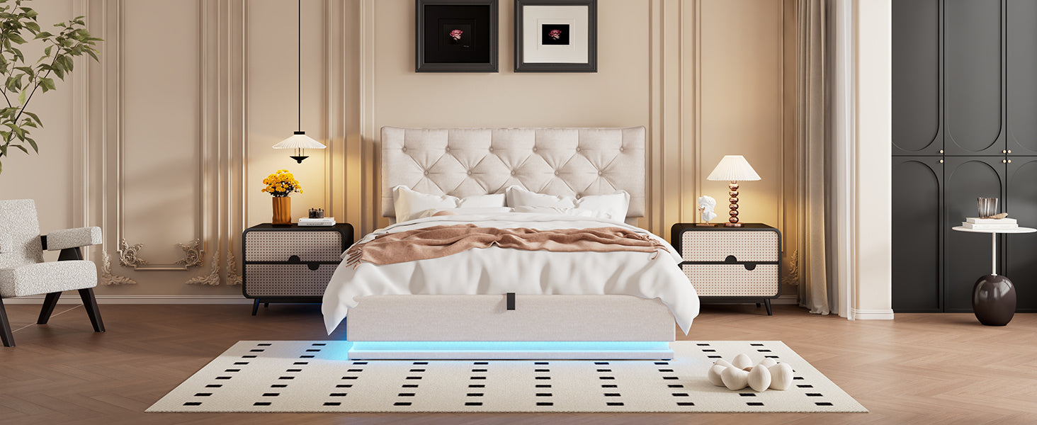 Queen Size Upholstered Bed with Hydraulic Storage System and LED Light, Modern Platform Bed with Button-tufted Design Headboard, Beige