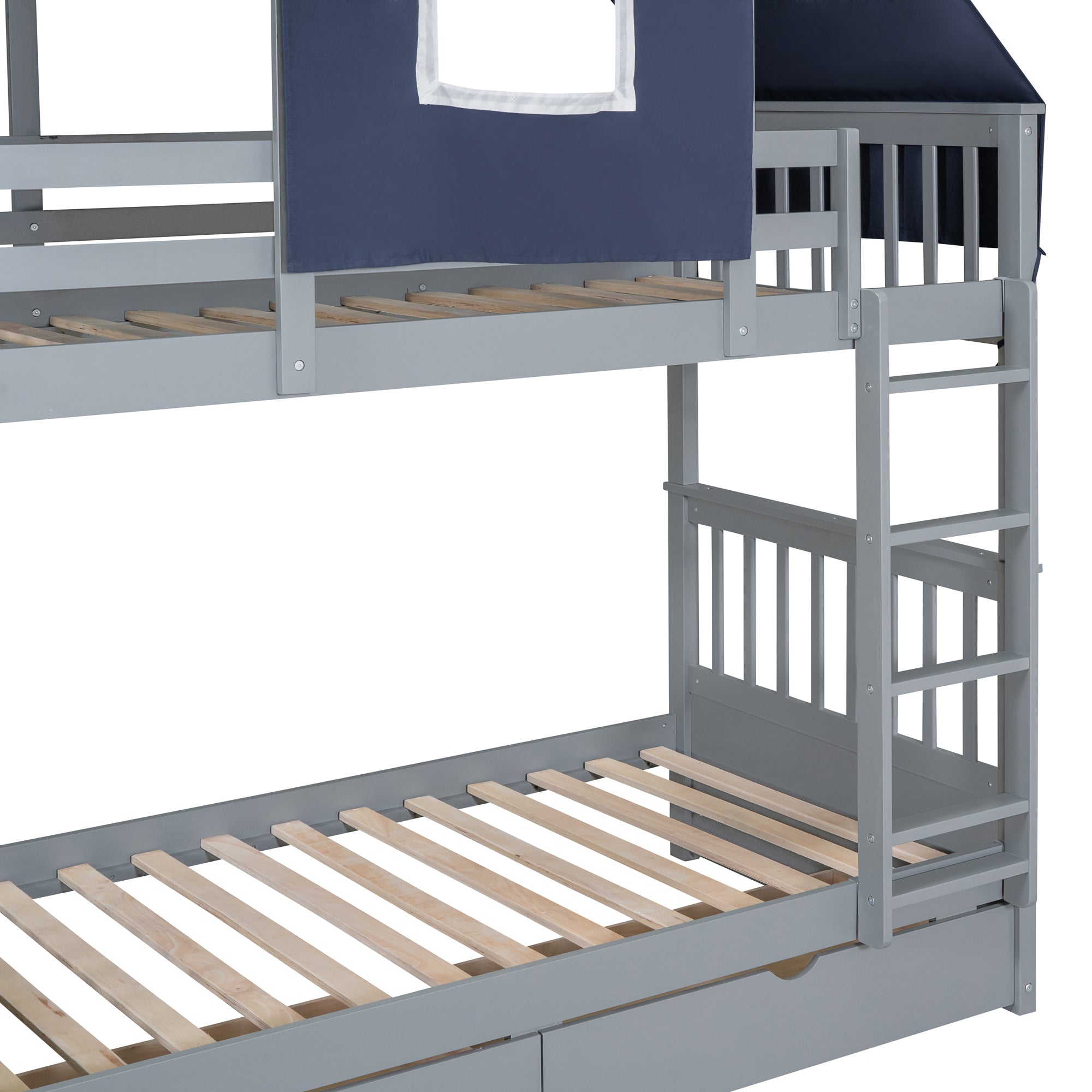 Twin Over Twin Bunk Bed Wood Bed with Tent and Drawers, Gray+Blue Tent