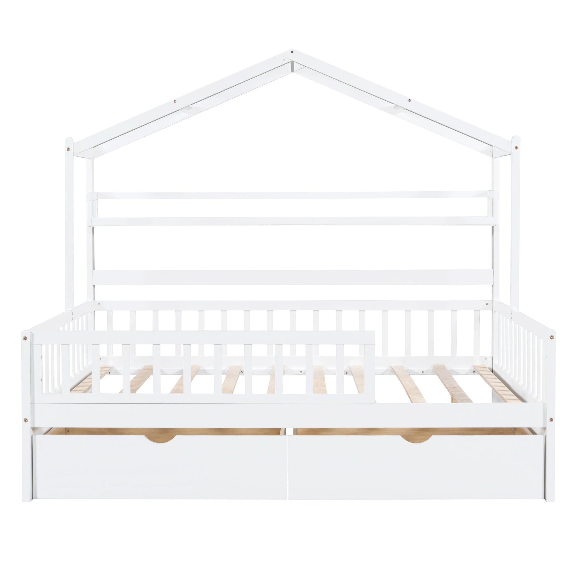 Wooden Full Size House Bed with 2 Drawers,Kids Bed with Storage Shelf, White