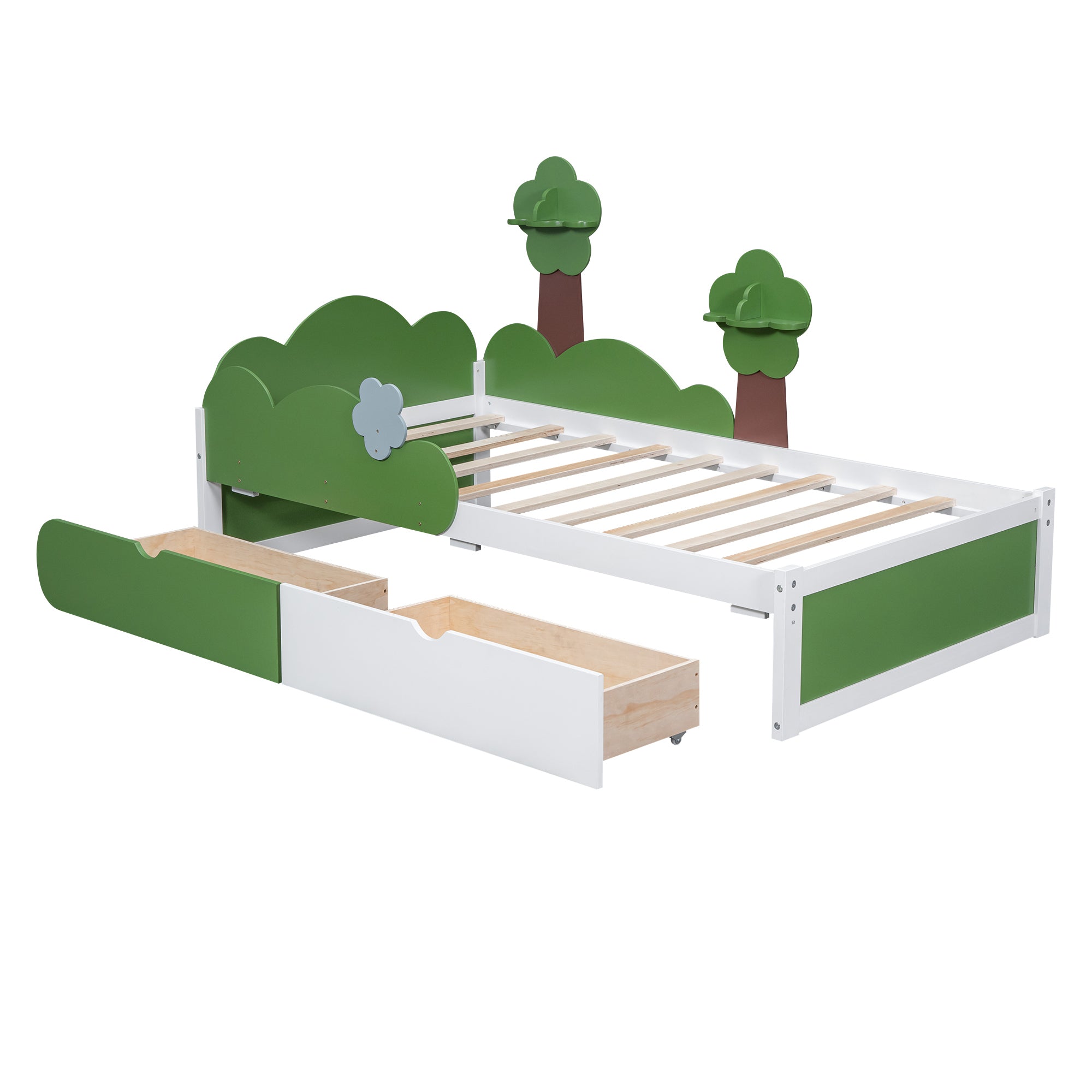 Twin Size Bed with Grass Hill and Trees Decor