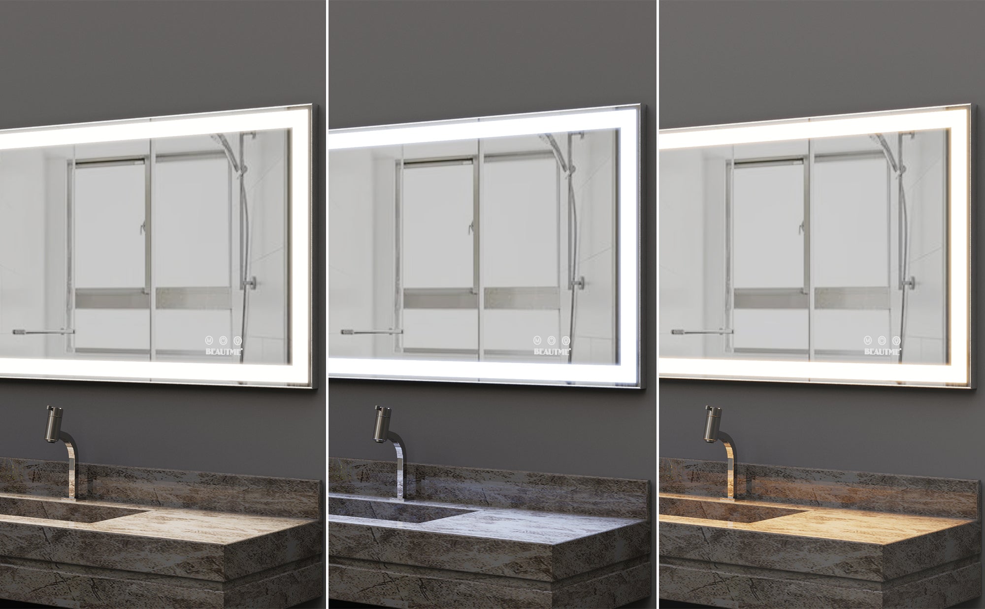 48x24 inch LED Bathroom Vanity Mirror Wall Mounted Adjustable White/Warm/Natural Lights Anti-Fog Touch Switch with Memory Modern Smart Large Bathroom Mirrors