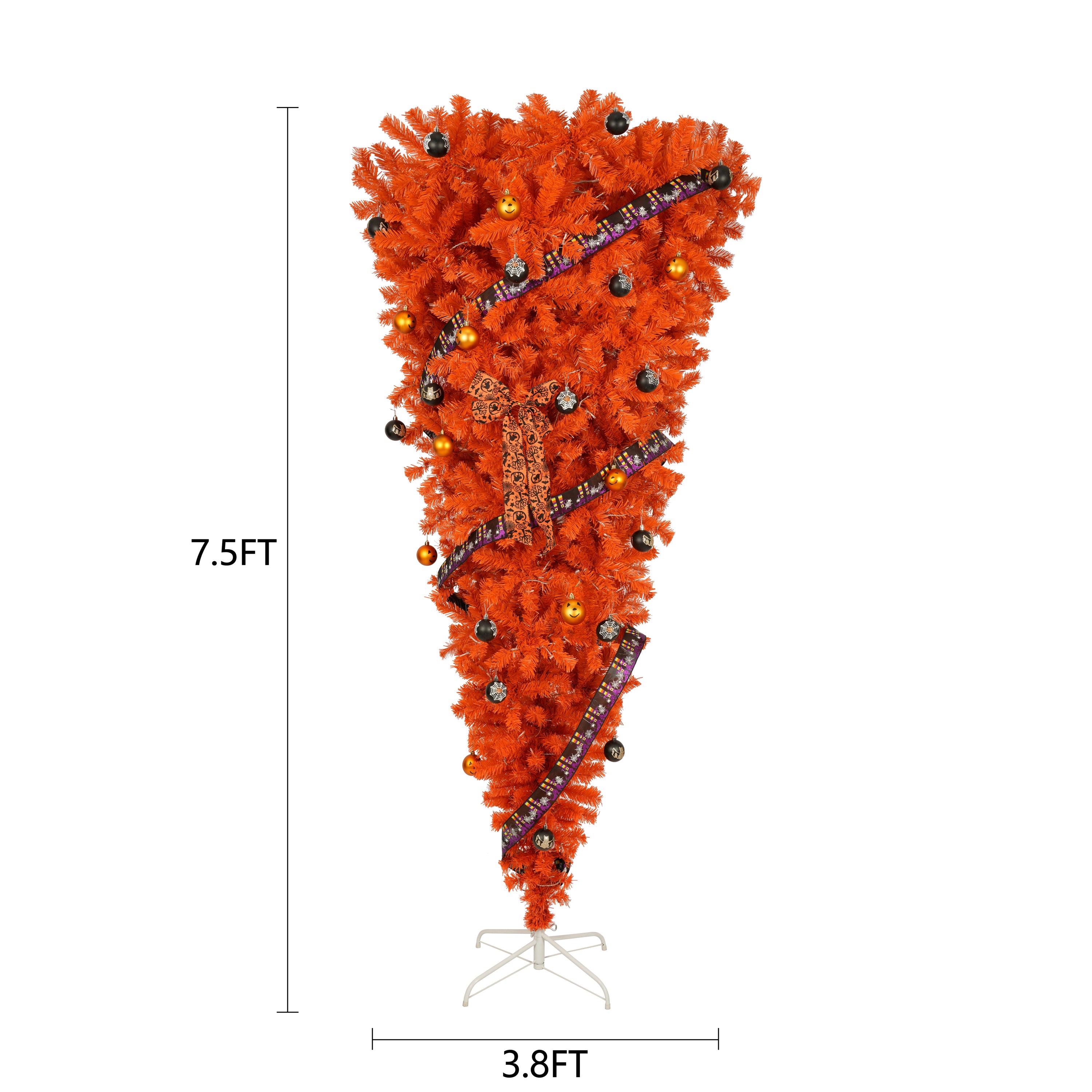 GO 7.5 FT Orange Upside Down Christmas Tree with 300 LED Warm Lights X-mas, Halloween-themed Ornaments and Satin Ribbon