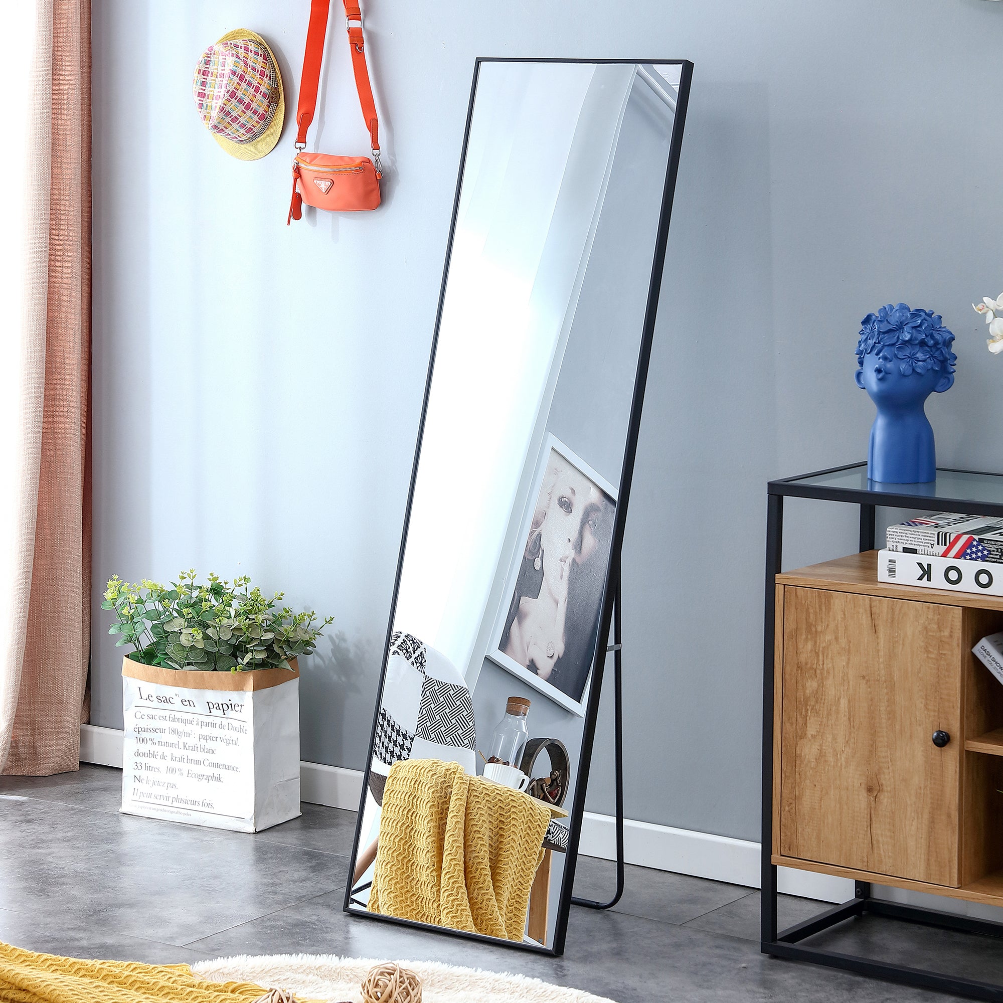 Black Solid Wood Frame Full-length Mirror, Dressing Mirror, Bedroom Home Porch, Decorative Mirror, Clothing Store, Floor Mounted Large Mirror, Wall Mounted.