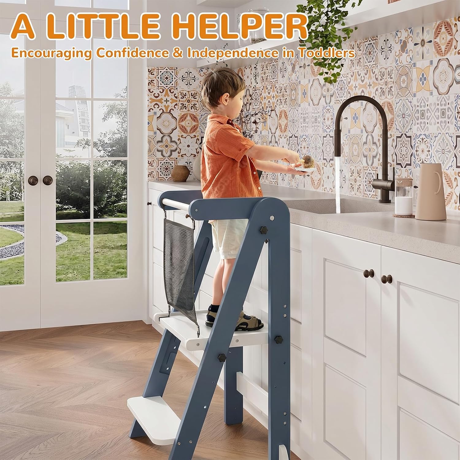 Foldable Toddler Kitchen Tower, 3 Adjustable Height Wooden Step Stool, Toddler Standing Tower with Safety Net