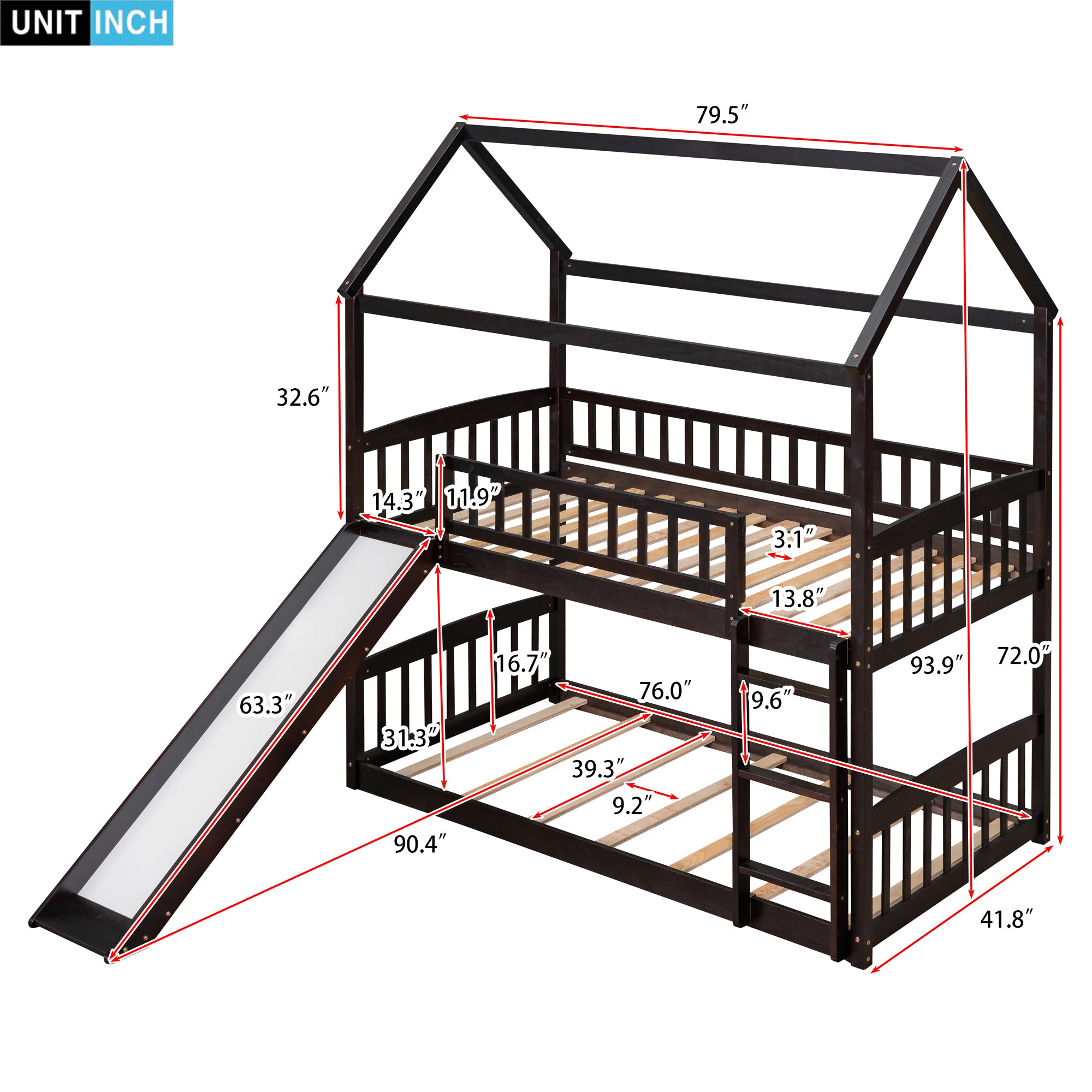 Twin Over Twin Bunk Bed with Slide, House Bed with Slide, Espresso(OLD SKU: LT000213AAP)