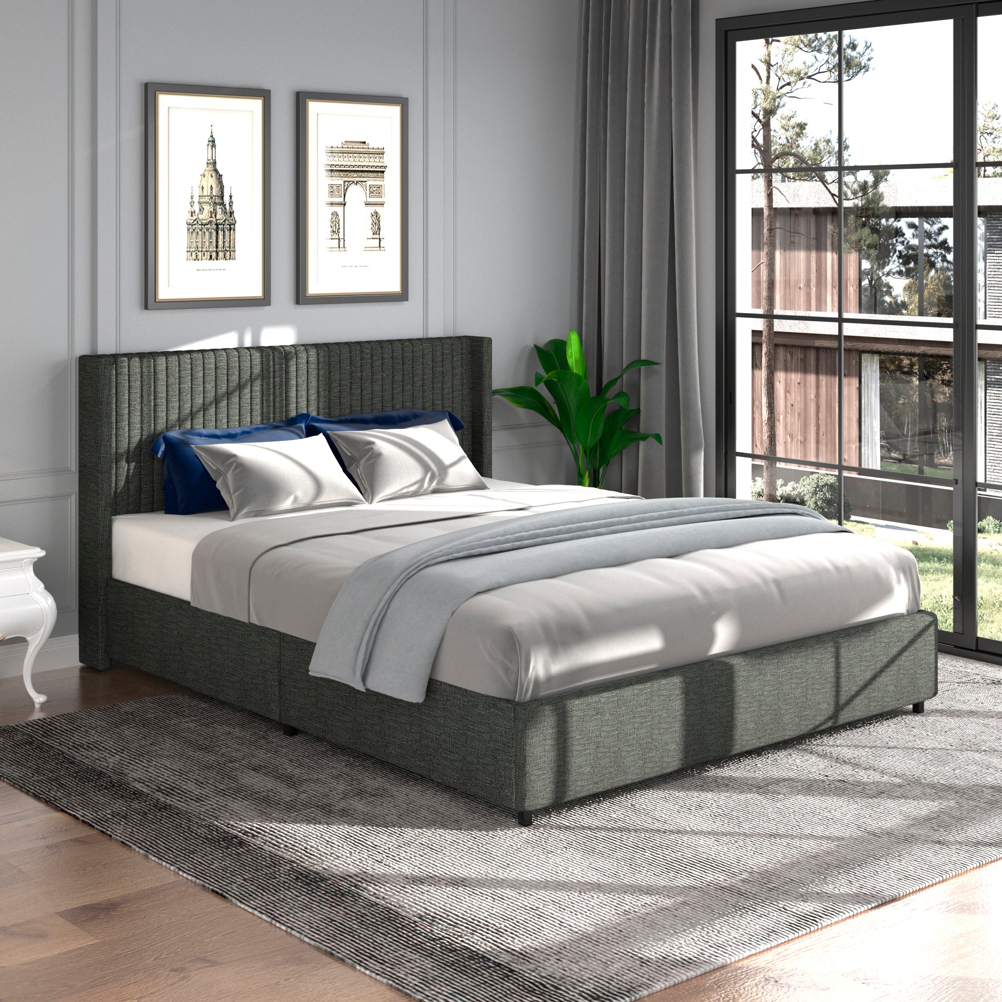 Anna Queen Size Gray Linen Upholstered Wingback Platform Bed with Patented 4 Drawers Storage, Modern Design Headboard with Tight Channel, Wooden Slat Mattress Support No Box Spring Needed