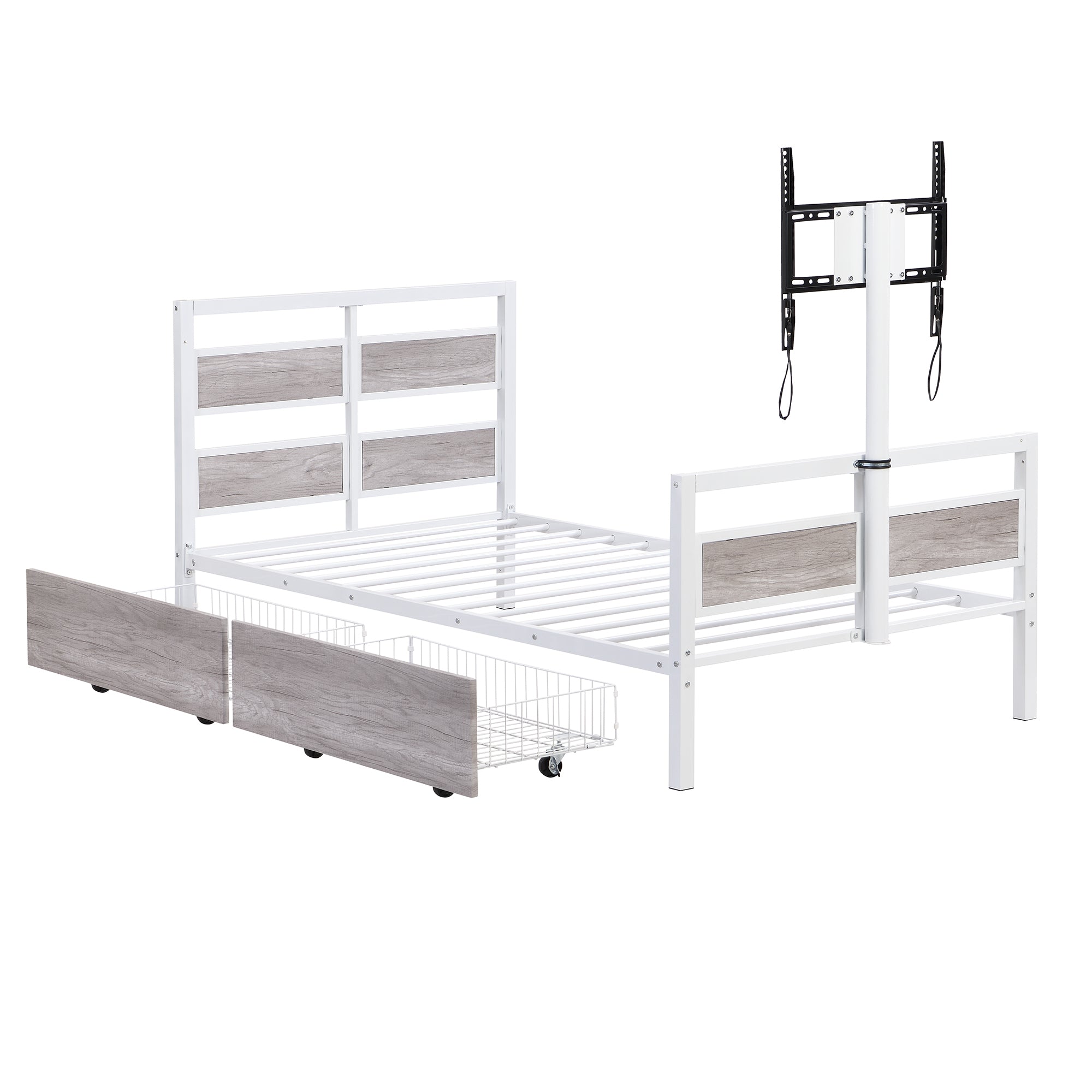 Twin Size Metal Platform Bed with MDF Headboard and Footboard,Two Storage Drawers and Rotatable TV Stand,White