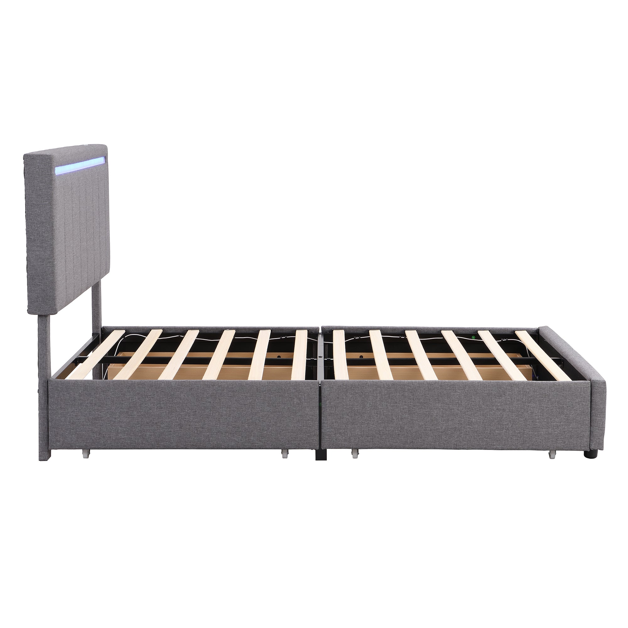 Full Size Upholstered Bed with LED Light and 4 Drawers, Modern Platform Bed with a set of Sockets and USB Ports, Linen Fabric, Gray