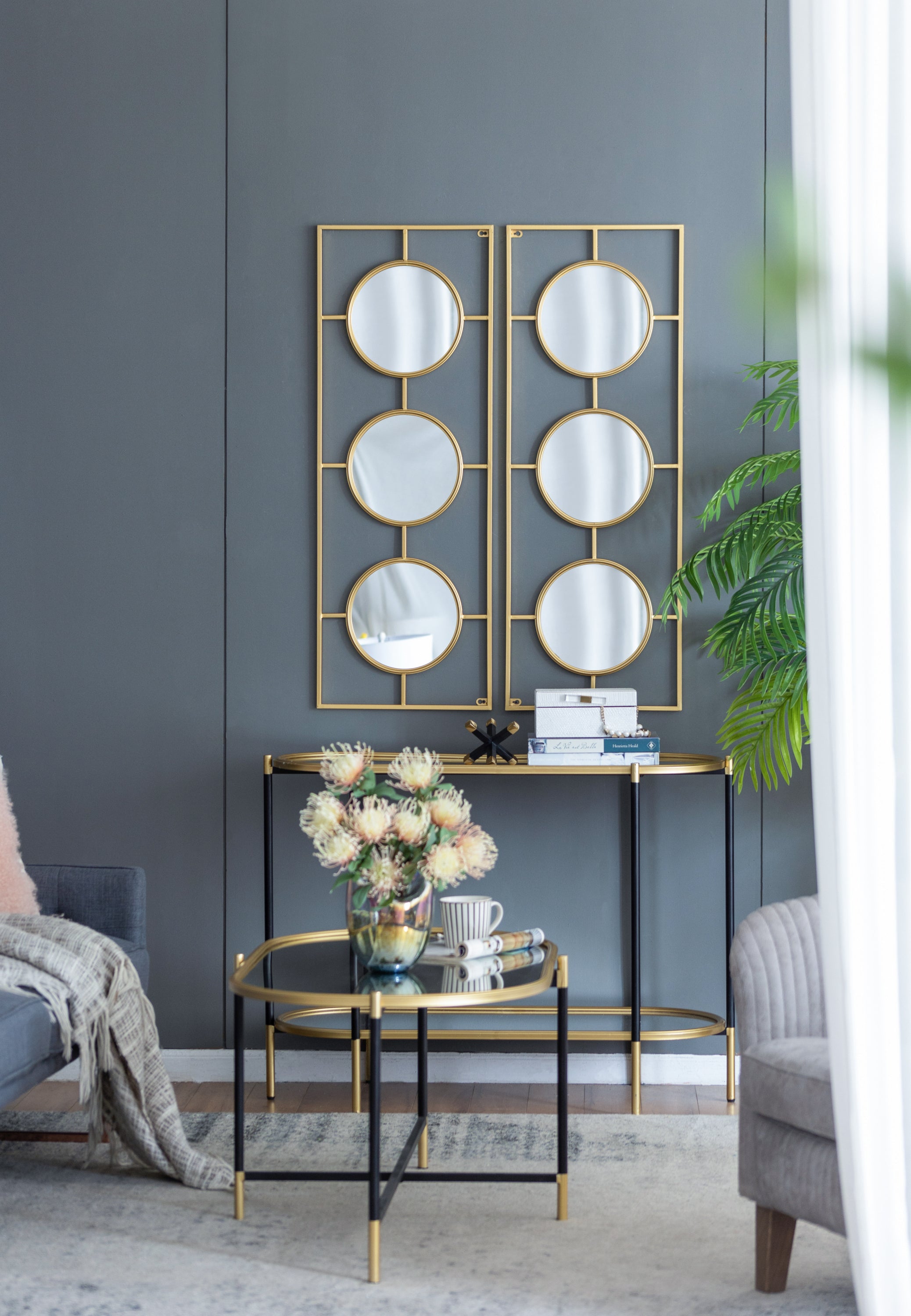 3 Mirror Piece Wall Mirror in Gold Rectangular Frame, Home Wall Decor for Bedroom Living Room, 43"x16"