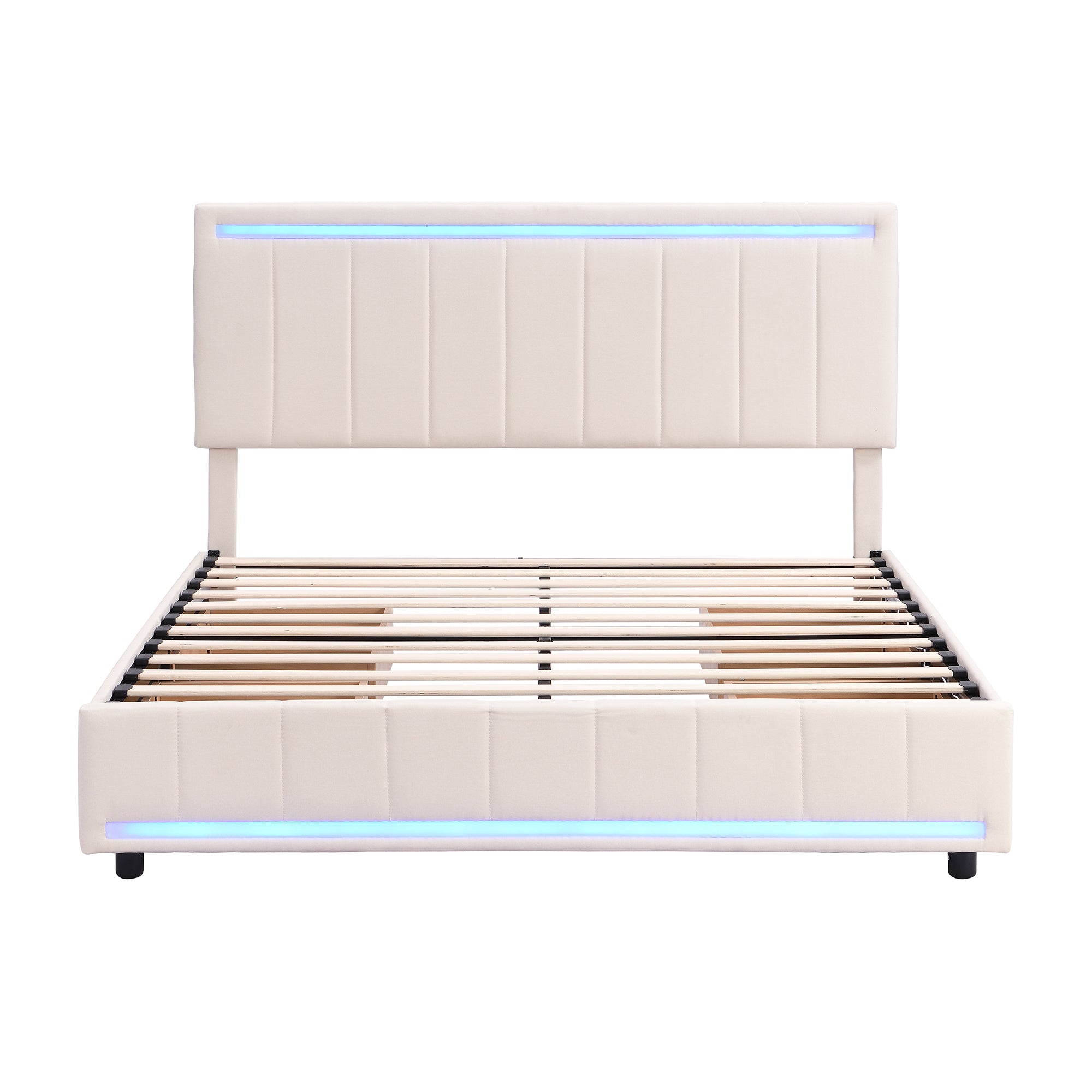 Queen Size Upholstered Bed with LED Light and 4 Drawers, Modern Platform Bed with a set of Sockets and USB Ports, Linen Fabric, Beige
