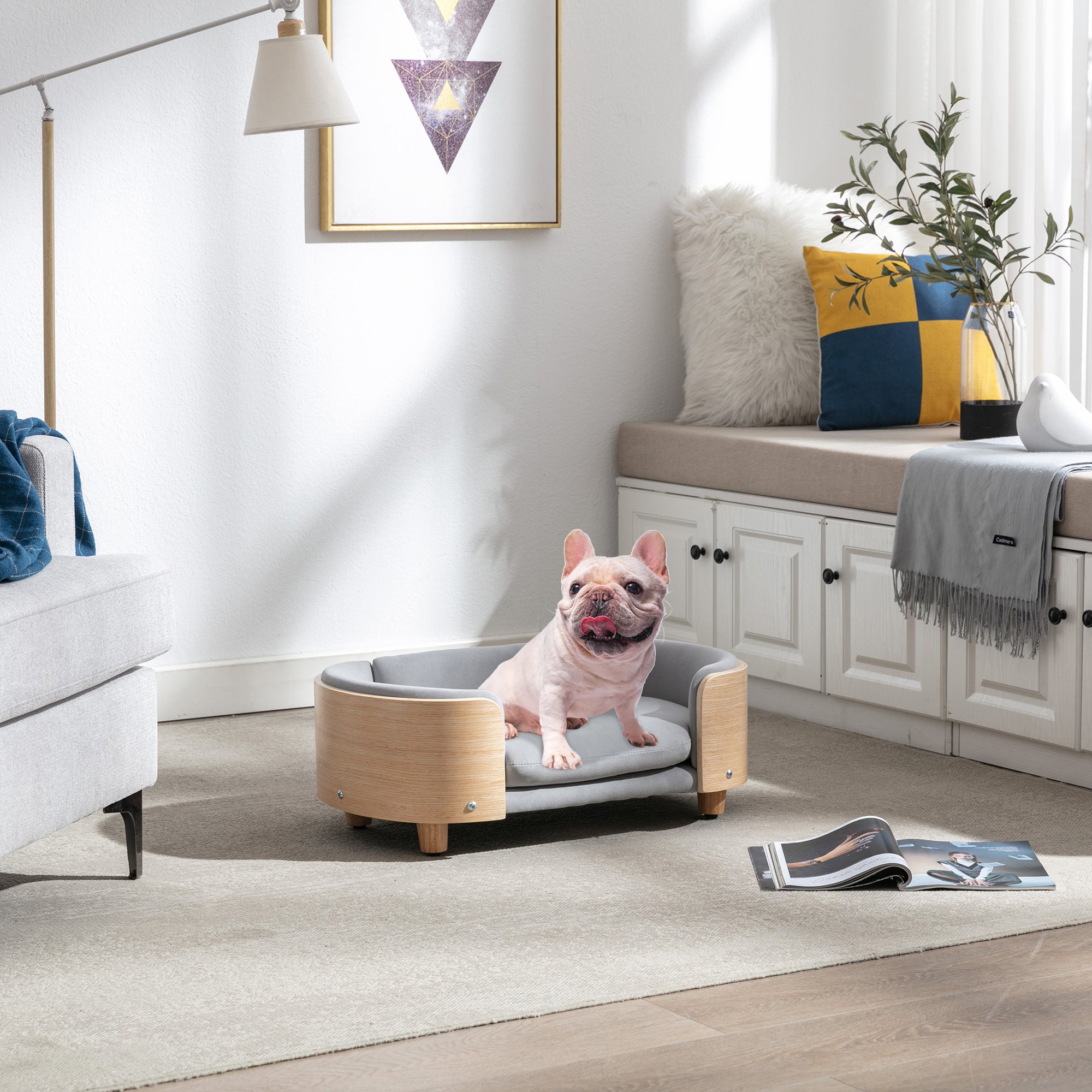 Scandinavian style Elevated Dog Bed Pet Sofa With Solid Wood legs and Bent Wood Back, Velvet Cushion,Small Size