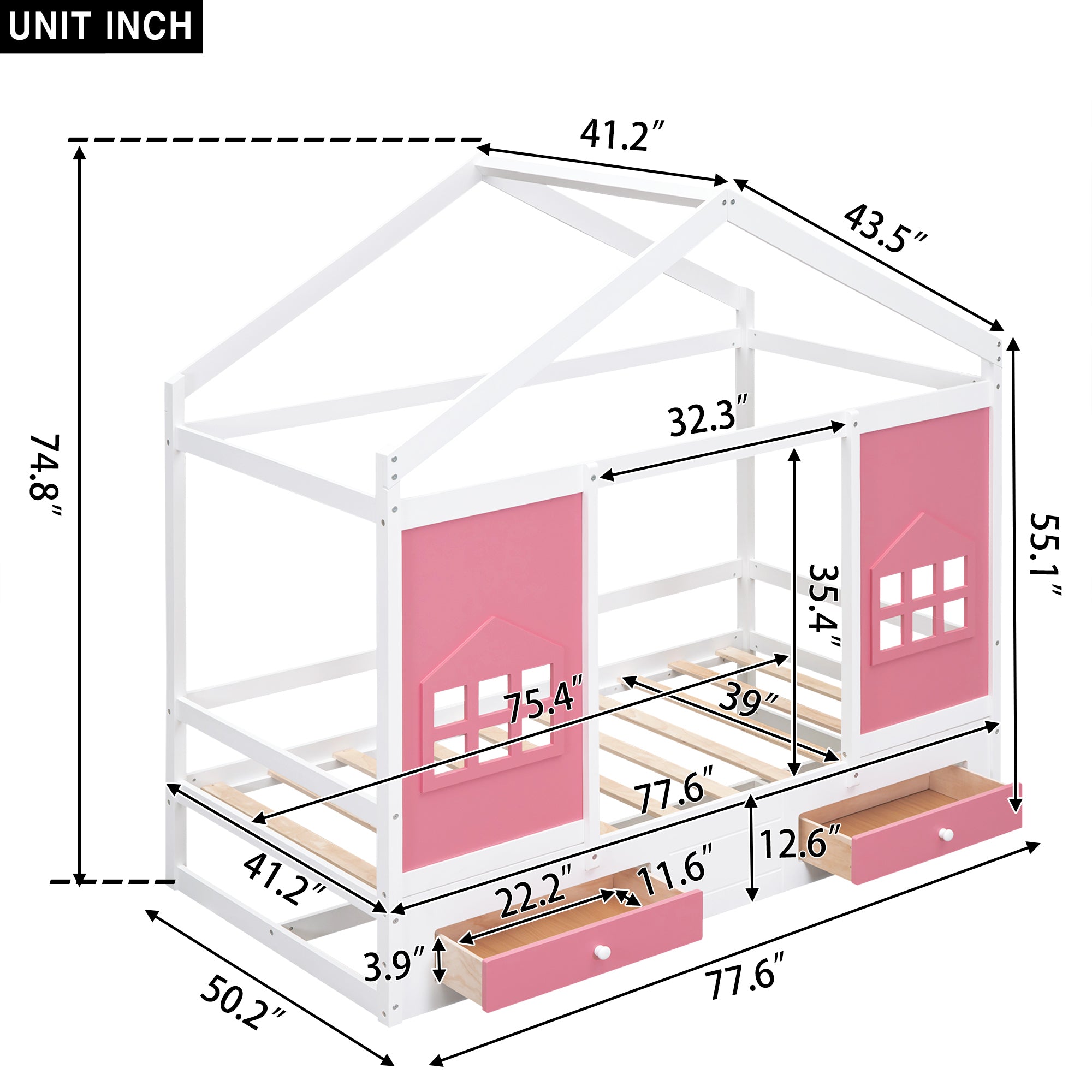Twin Size Wood House Bed with 2 Drawers and Window Decoration, White+Pink