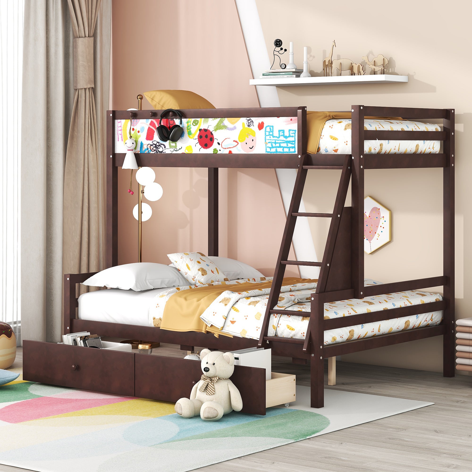 Wood Twin over Full Bunk Bed with Whiteboard, 3 Hooks and 2 Drawers, Espresso