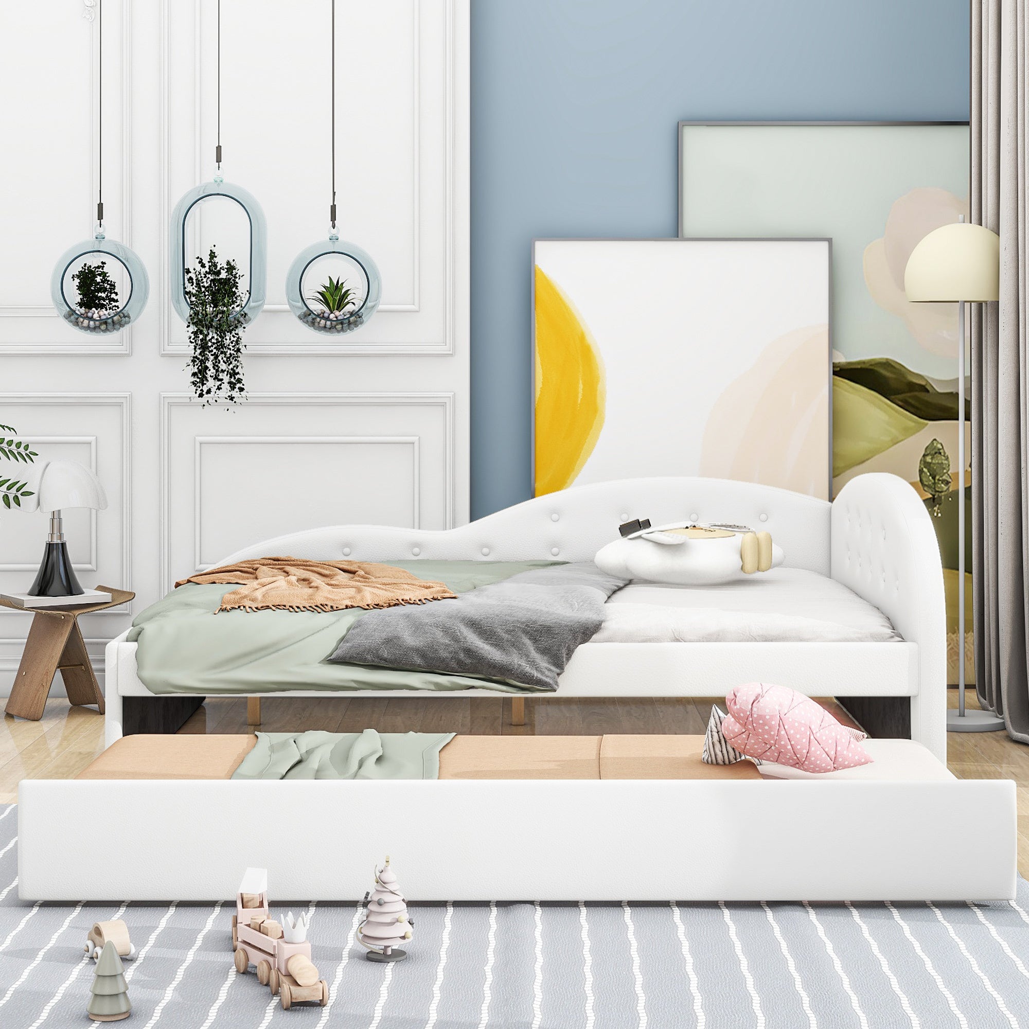 Full Size PU Upholstered Tufted Daybed with Trundle and Cloud Shaped Guardrail, White