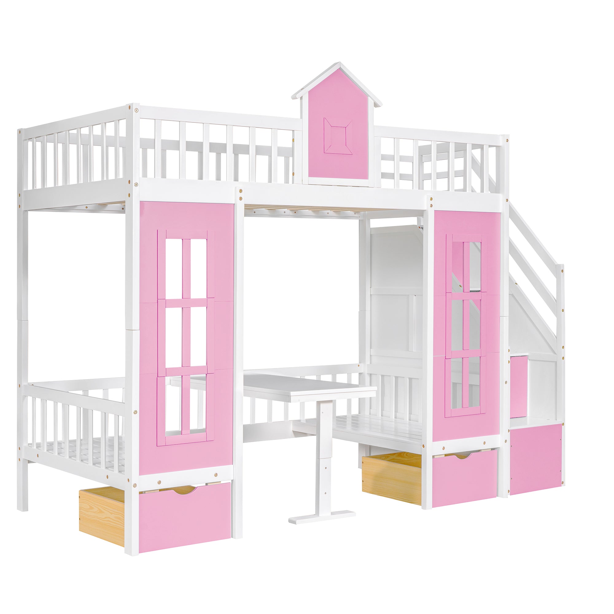 Twin-Over-Twin Bunk Bed with Changeable Table , Bunk Bed Turn into Upper Bed and Down Desk with 2 Drawers - Pink