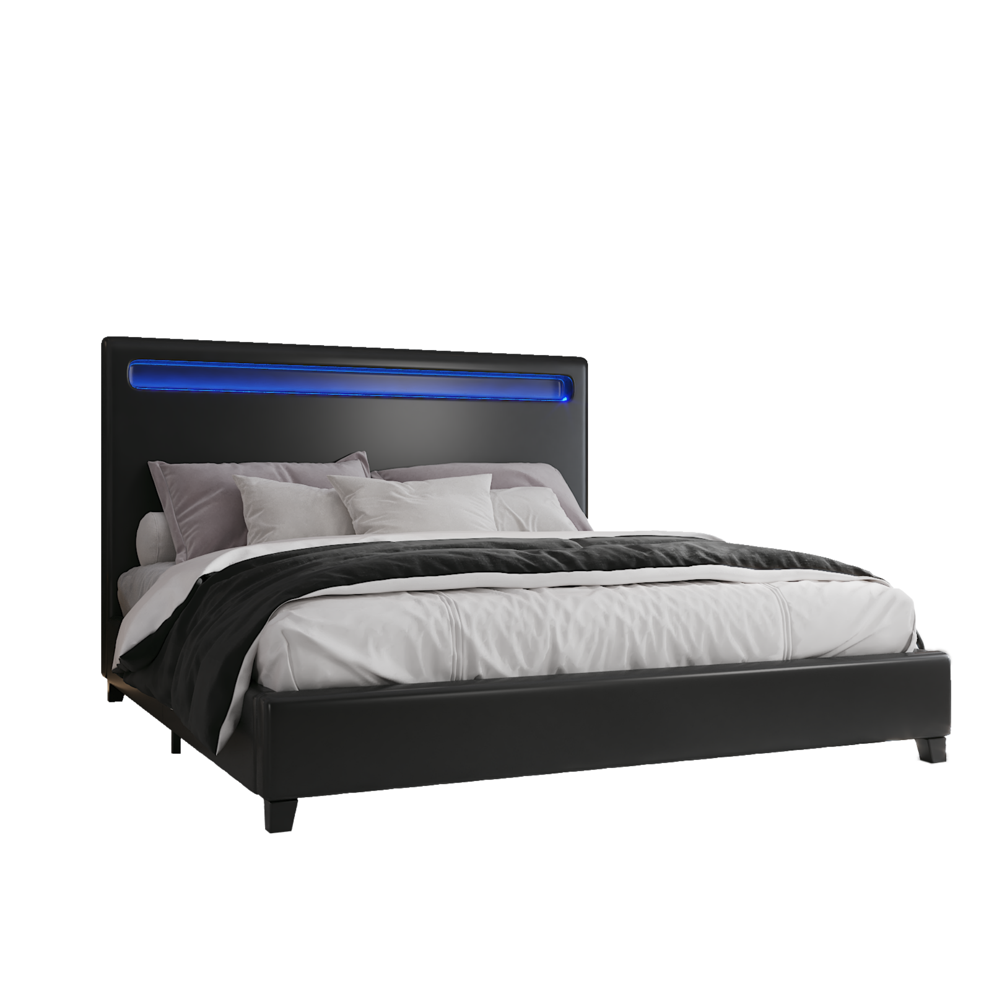 Queen Size Faux Leather Upholstered Platform Bed Frame with LED lighting, Wood Slat Support, No Box Spring Needed, Black