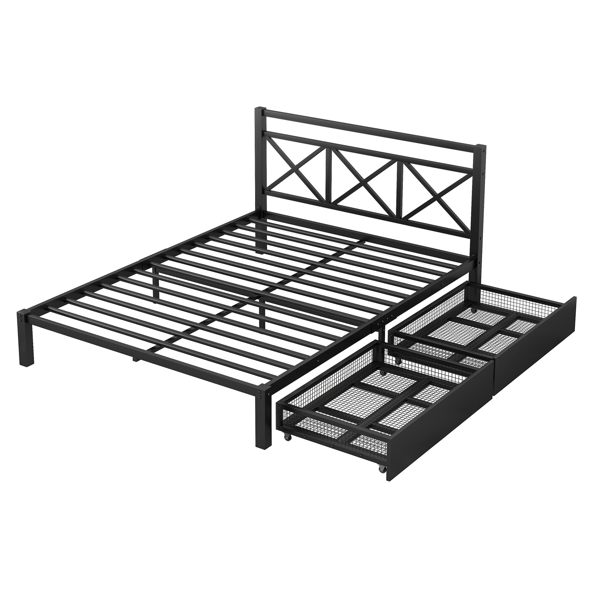 Metal Platform Bed with 2 Drawers, Queen (Black)