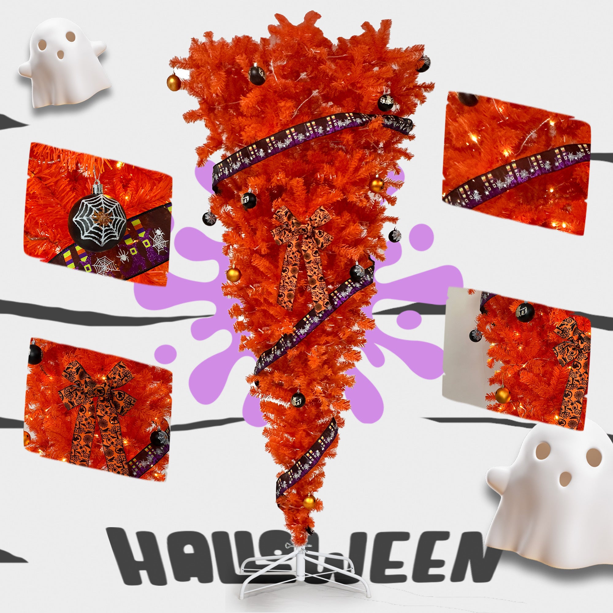 GO 7.5 FT Orange Upside Down Christmas Tree with 300 LED Warm Lights X-mas, Halloween-themed Ornaments and Satin Ribbon