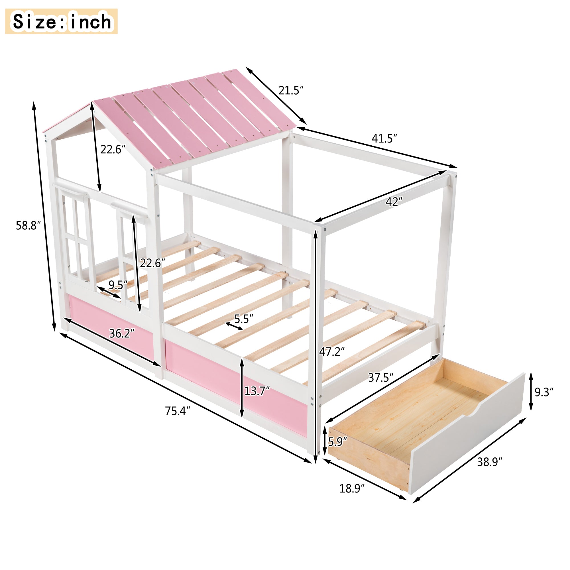 Twin Size House Bed with Roof, Window and Drawer - Pink + White